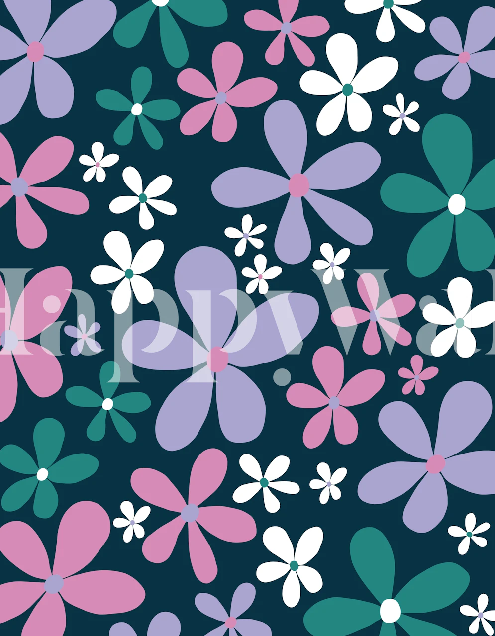 Retro Spring Daisies wall mural with pink, white, and teal flowers on navy background