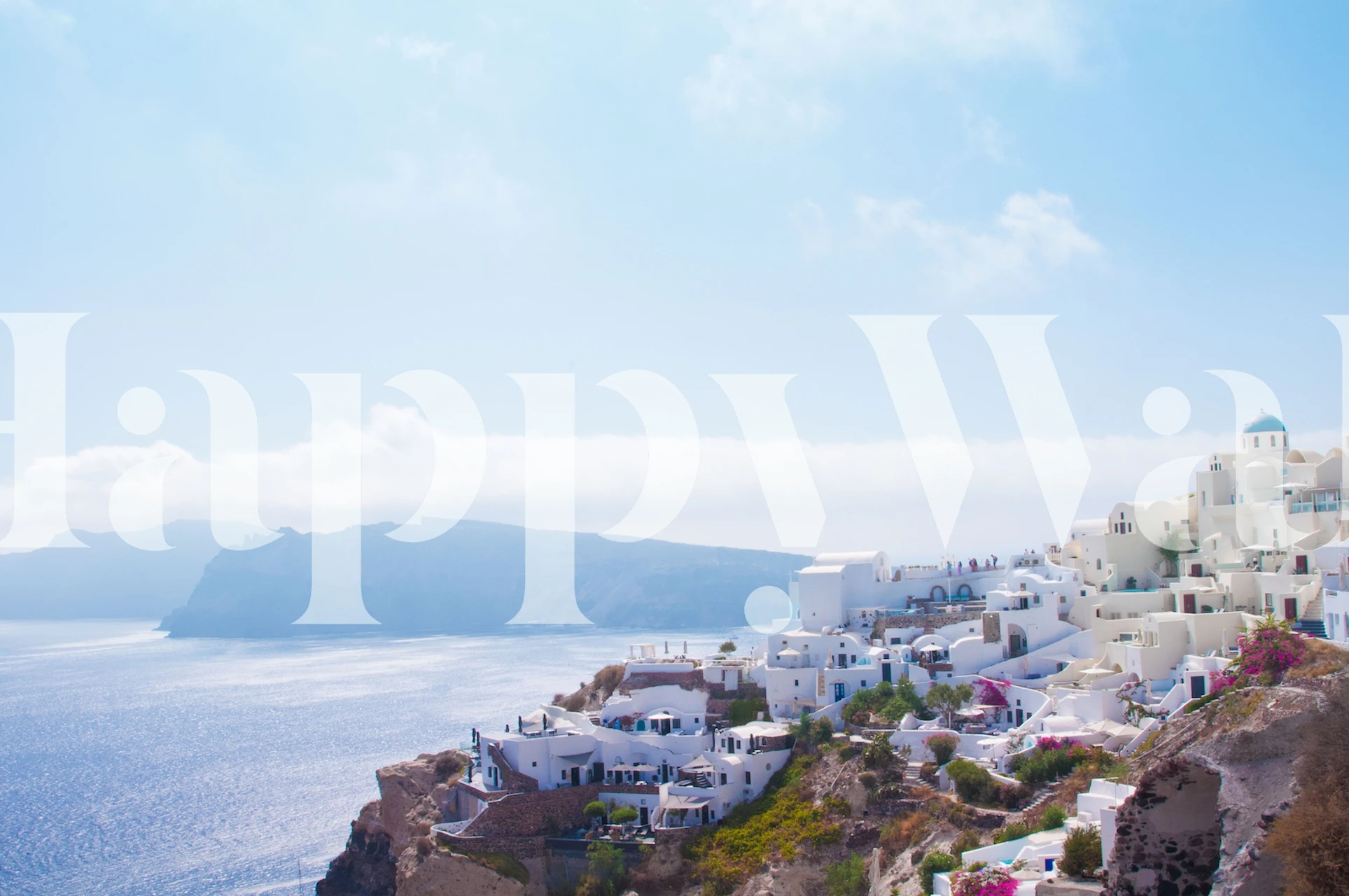 Santorini island wall mural with whitewashed buildings and blue domes overlooking the sea