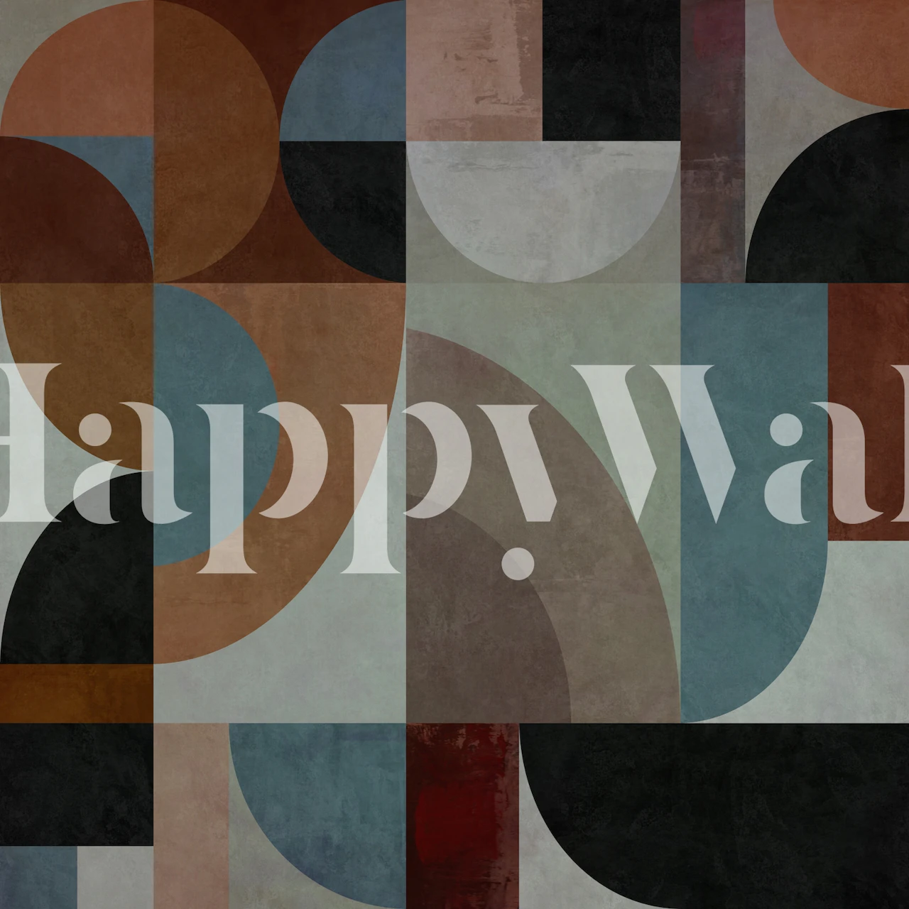 Colorful geometric pattern wallpaper with curves in brown, blue, and black.