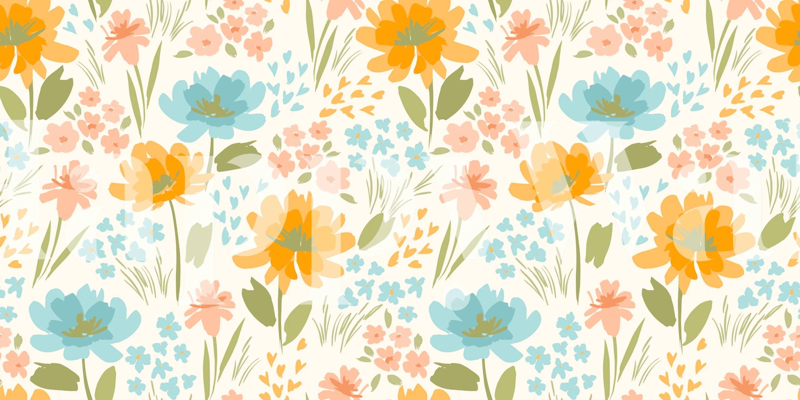 Colorful floral design with blue and orange flowers on cream background wallpaper