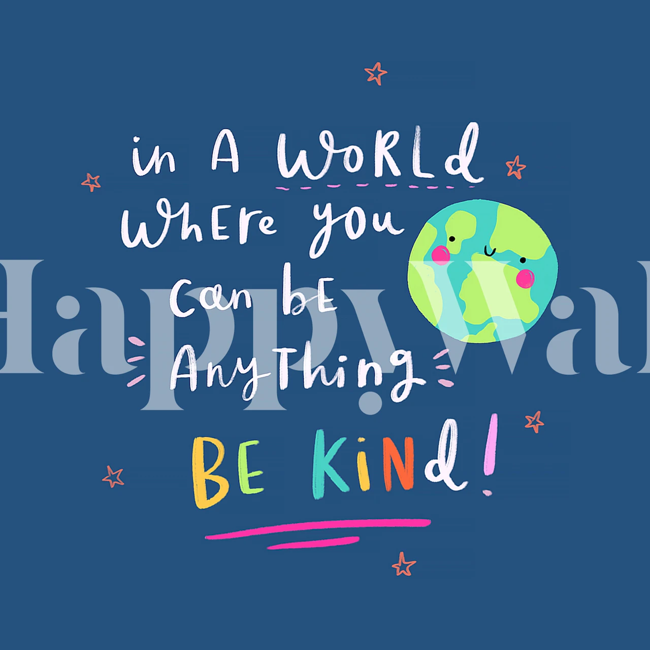 Colorful text 'Be Kind' with earth illustration on navy background wallpaper
