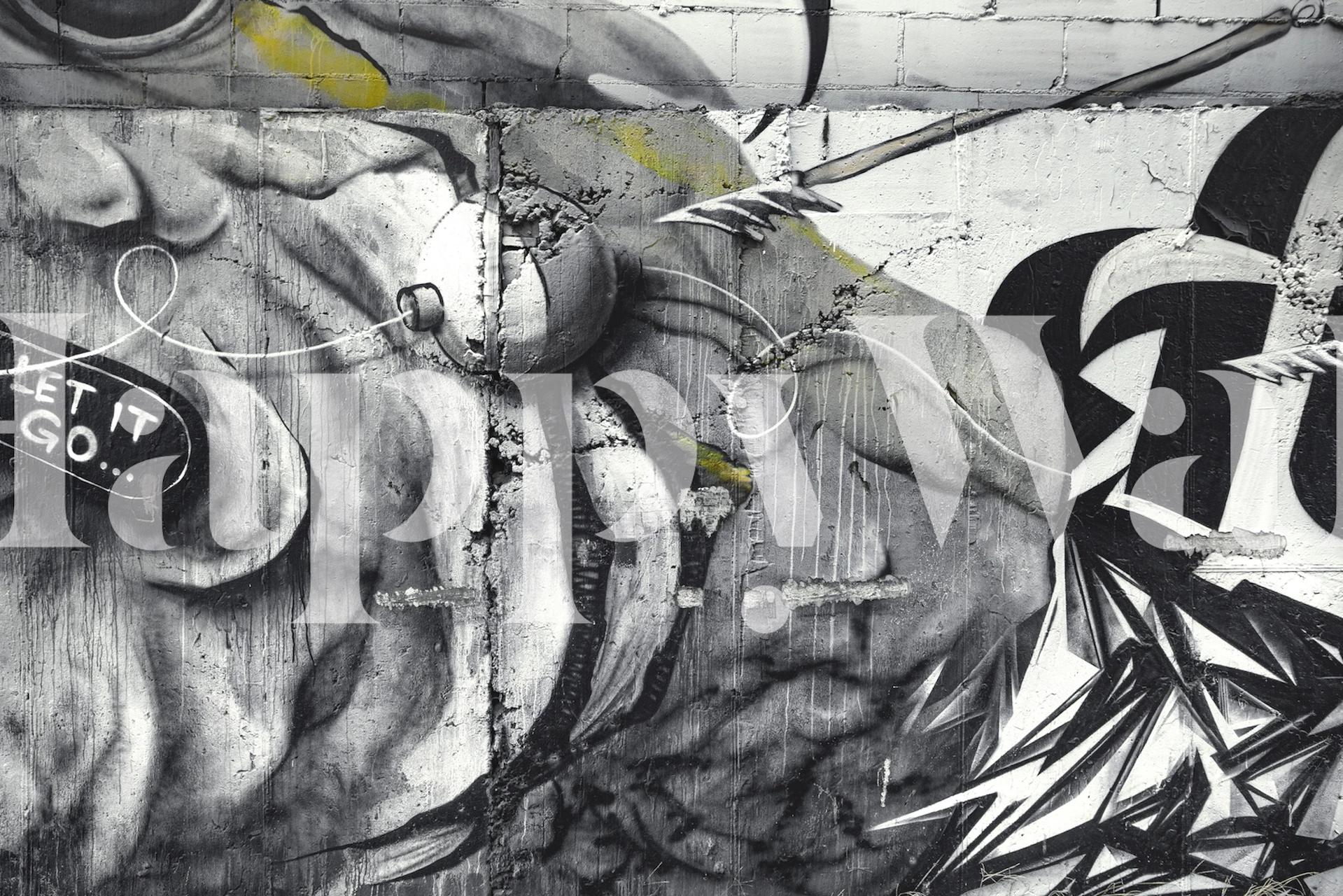 Black and white abstract street art featuring graffiti elements wallpaper