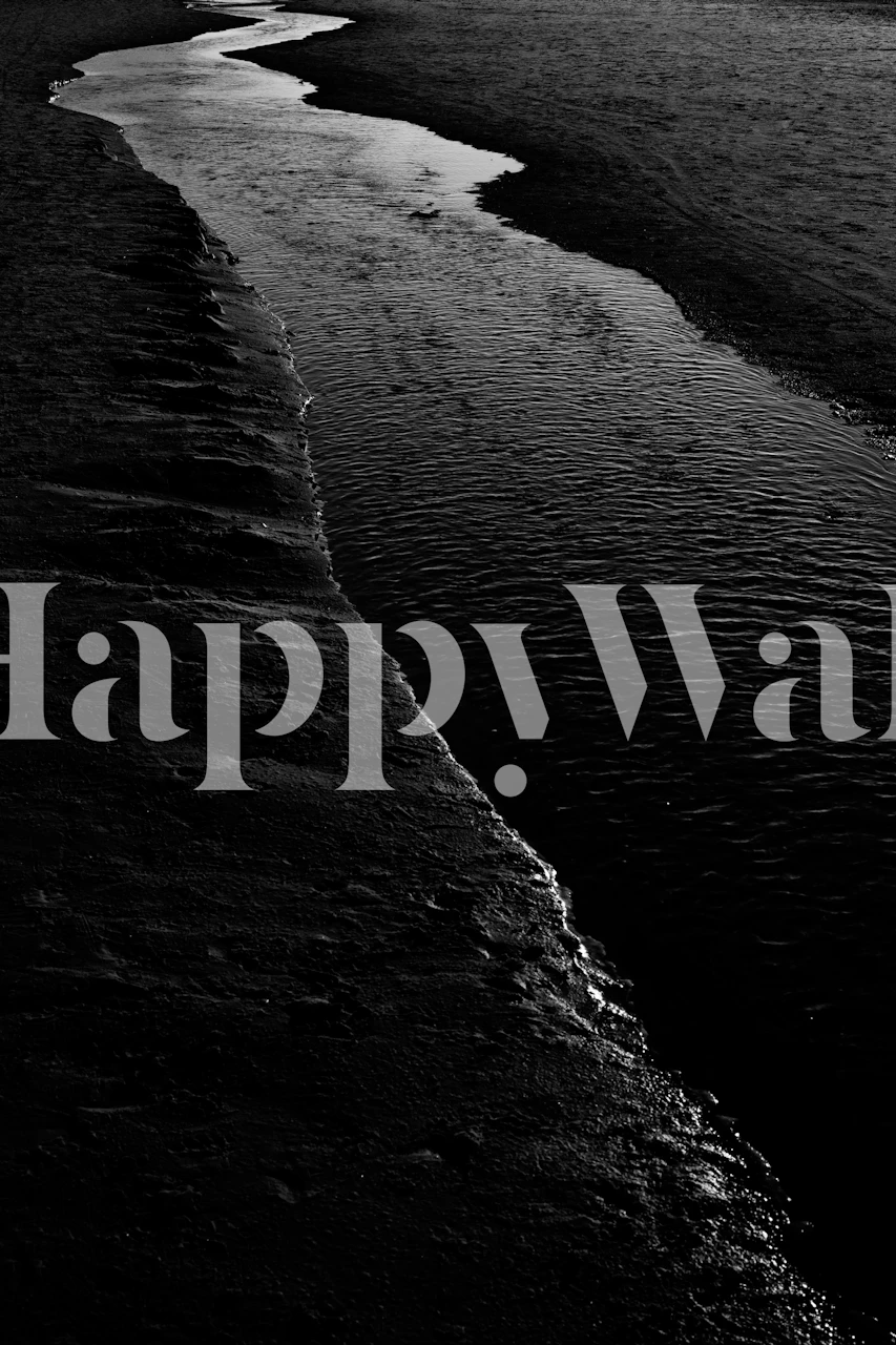 Un murale in bianco e nero che raffigura l'acqua che scorre in un fiume scuro, con luci riflesse che creano un'atmosfera serena.