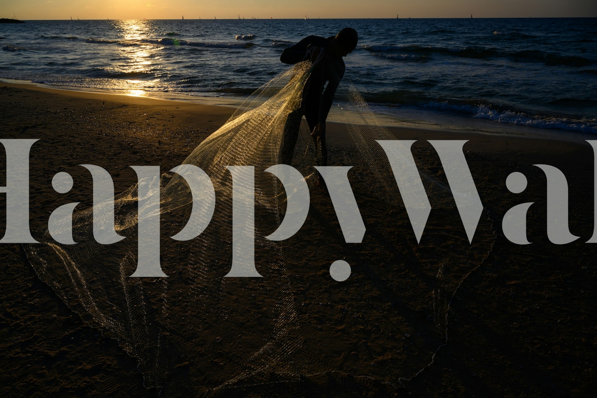 Fisherman casting a net at sunset with beach waves wallpaper