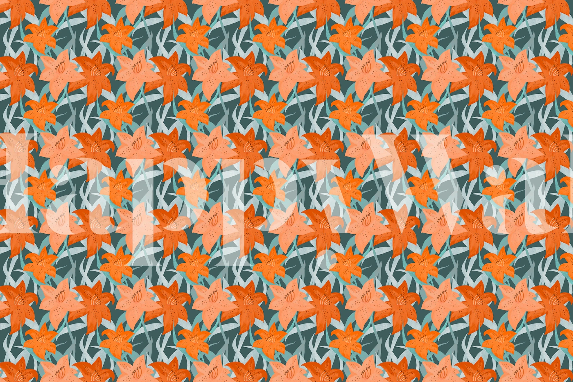 Fototapeta Tygří lilie květinový vzor s oranžovými květy a zeleným listím na bezešvém pozadí