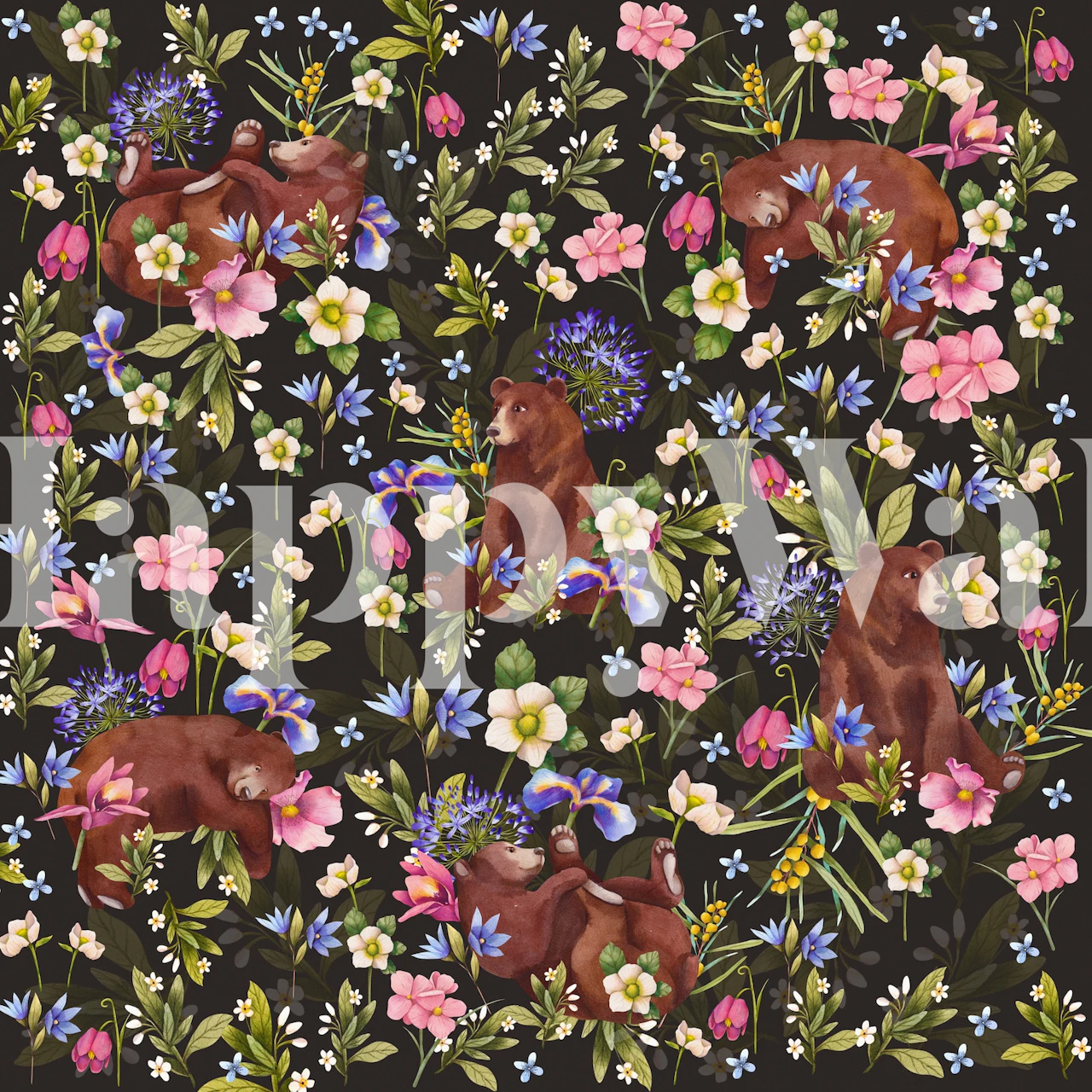 Brown bears surrounded by colorful flowers on a black background wallpaper