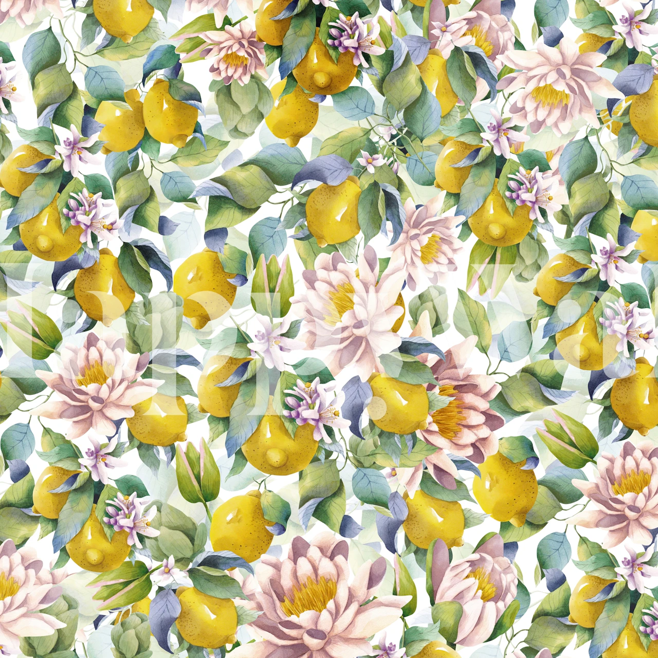 Lemons and lilies floral pattern on white background wallpaper