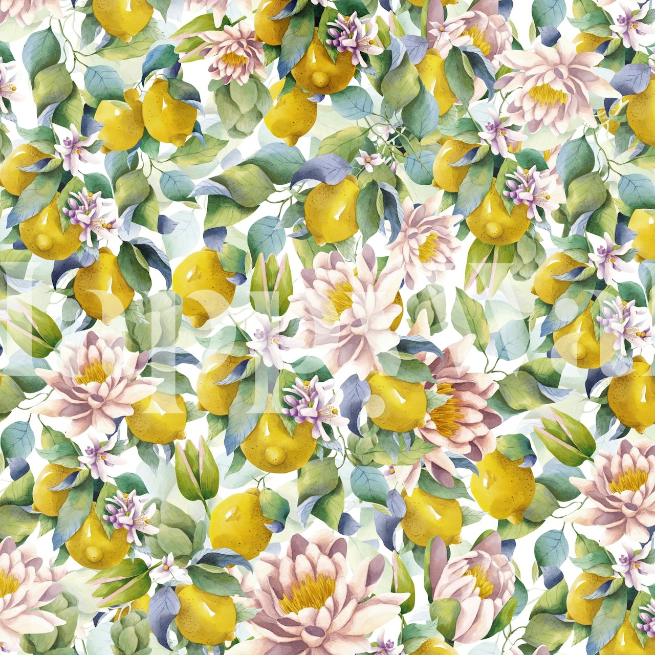Lemons and lilies floral pattern on white background wallpaper