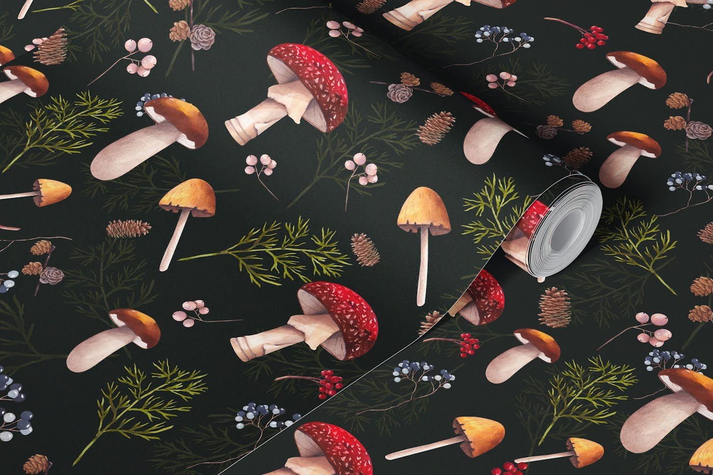 Mushrooms on dark background wallpaper roll