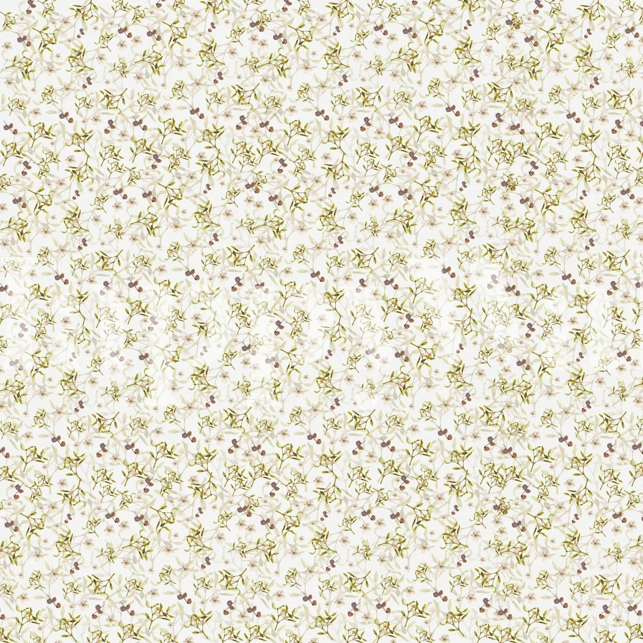 Delicate white floral pattern with green leaves wallpaper