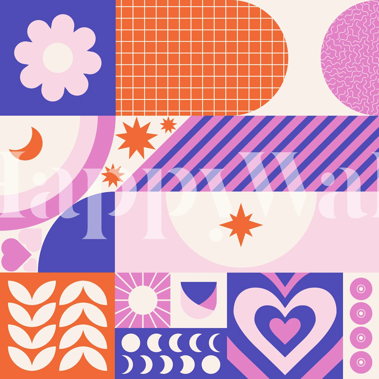 Y2K patchwork fotobehang met kleurrijke geometrische vormen en retropatronen