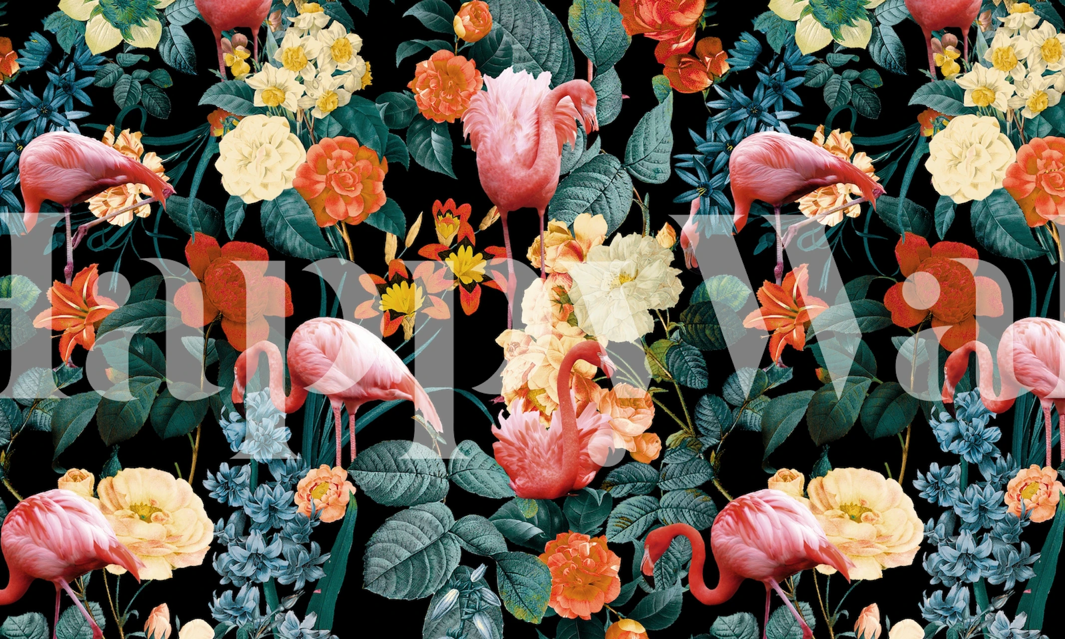 Floral and Flamingo II wall mural featuring a vibrant pattern of flowers and flamingos on a dark background
