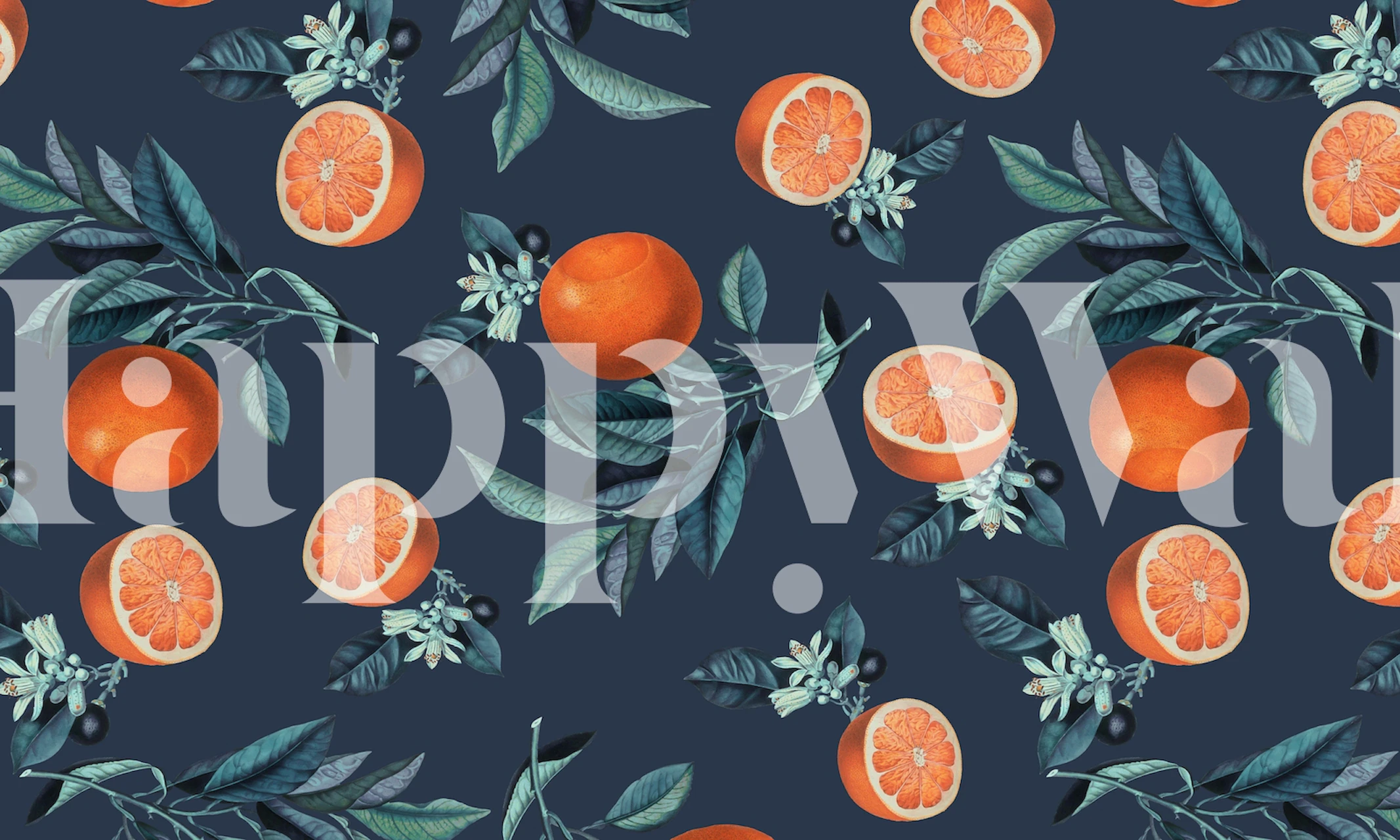Citrus fruit and leaves in orange, green, and navy wallpaper
