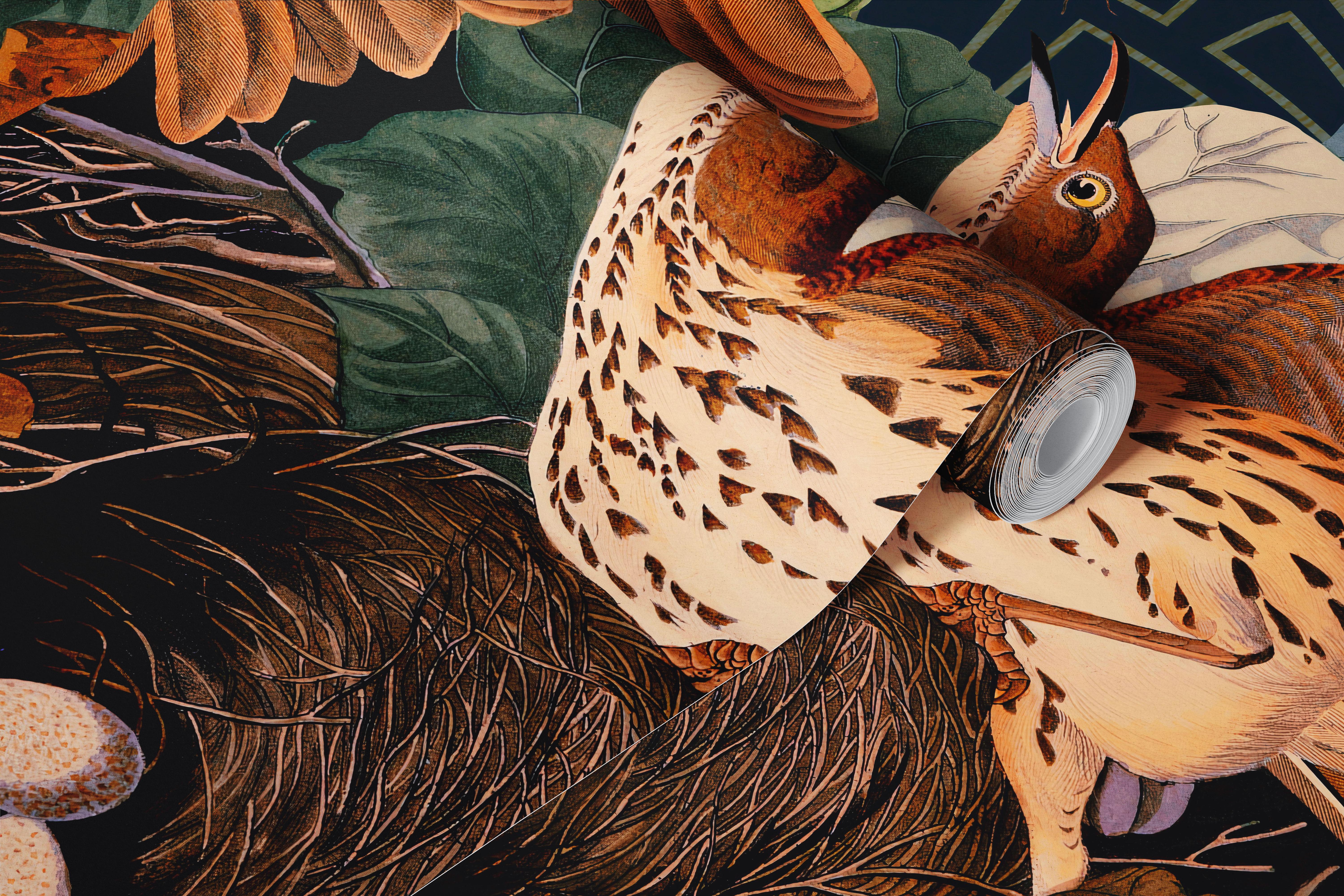 Vibrant wall mural featuring exotic birds and snakes amidst lush greenery