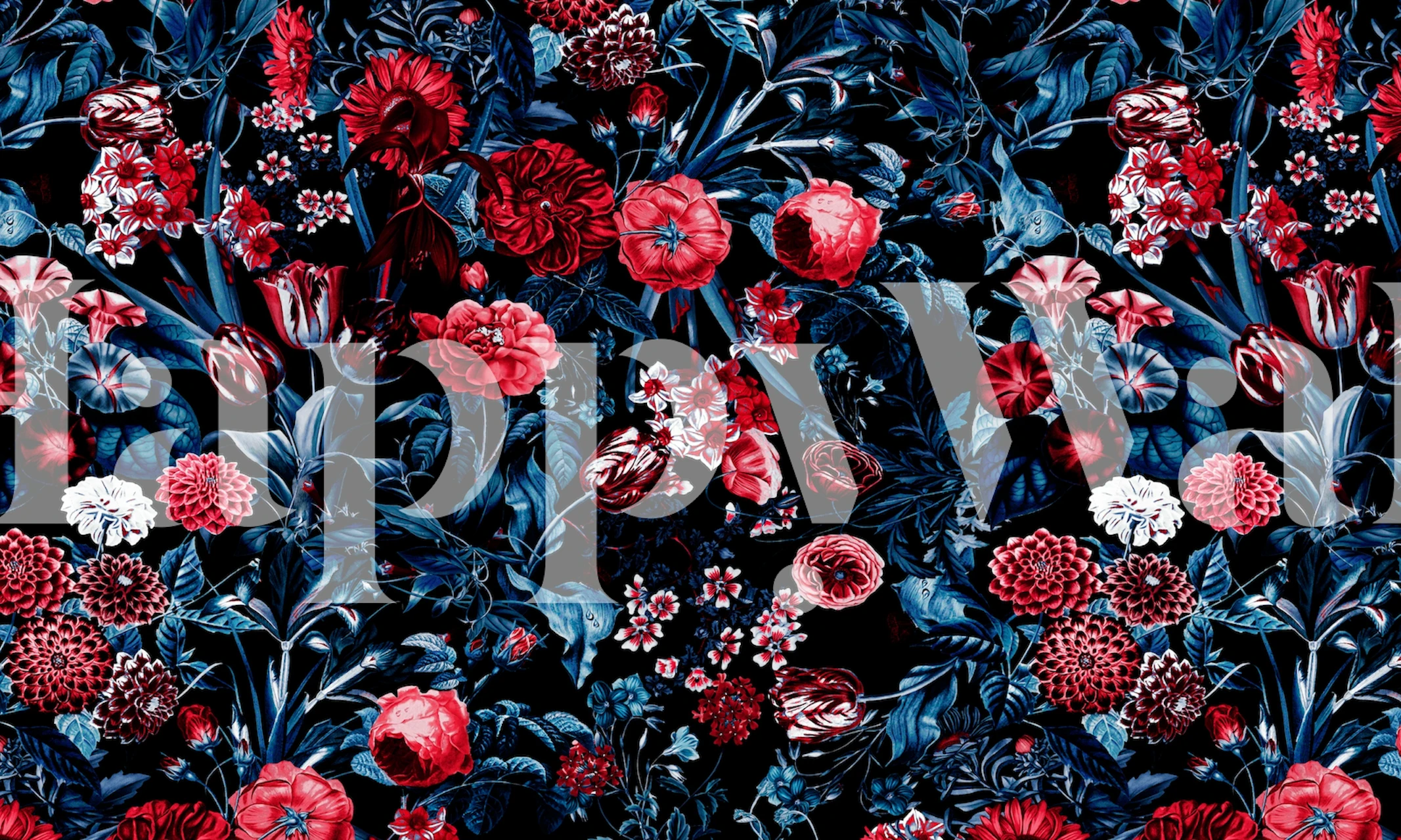 Leuchtend rote und weiße Blumen mit Granatäpfeln auf einem tiefblauen Hintergrund im Wandbild „Exotic Garden – Night X“.