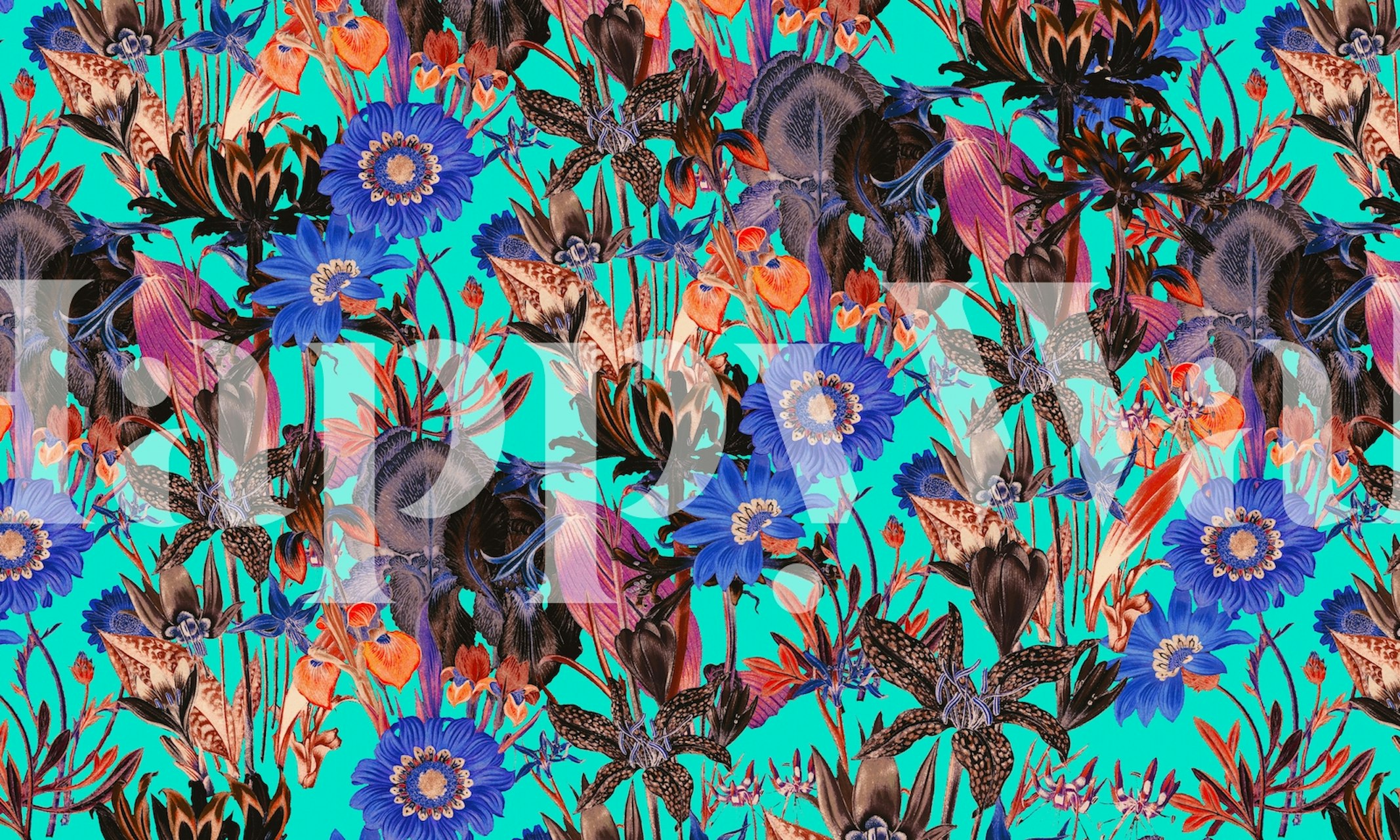 Colorful floral and foliage wall mural named Spring-Summer-2018 with vivid blue, purple, and green tones