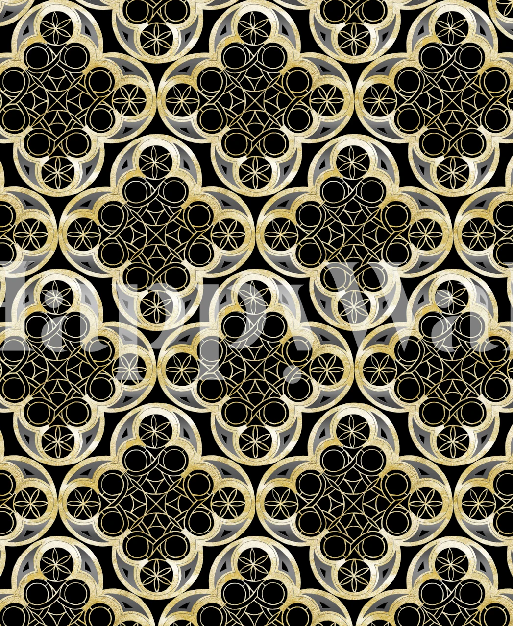 Elegante muurschildering met Marokkaans tegelpatroon in goud en zwart