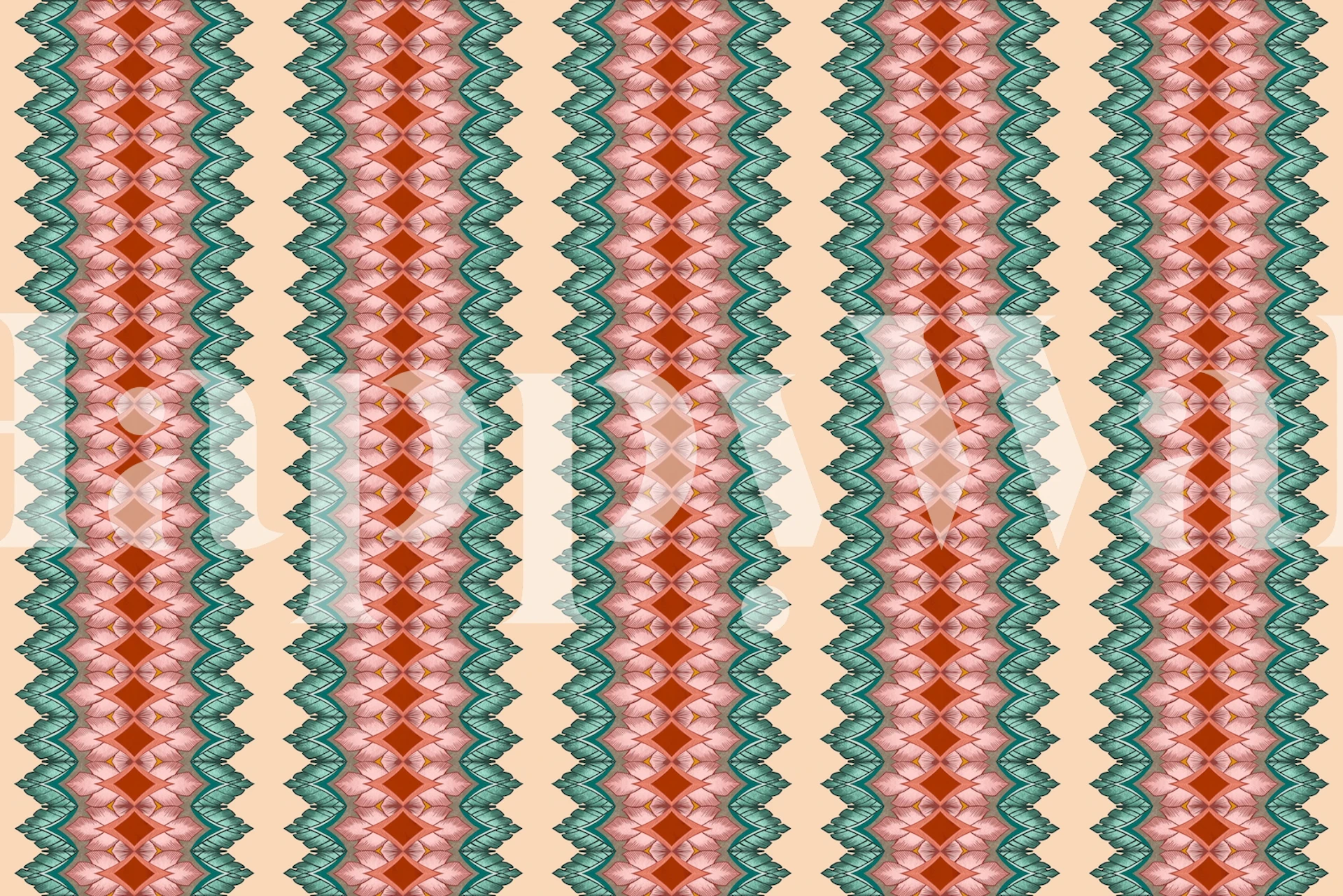 Geometric diamond leaf pattern in coral and green wallpaper