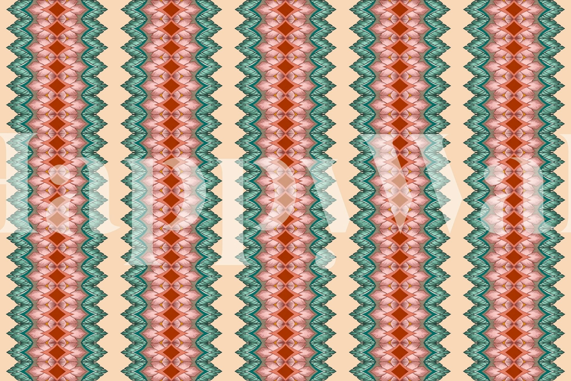 Geometric diamond leaf pattern in coral and green wallpaper