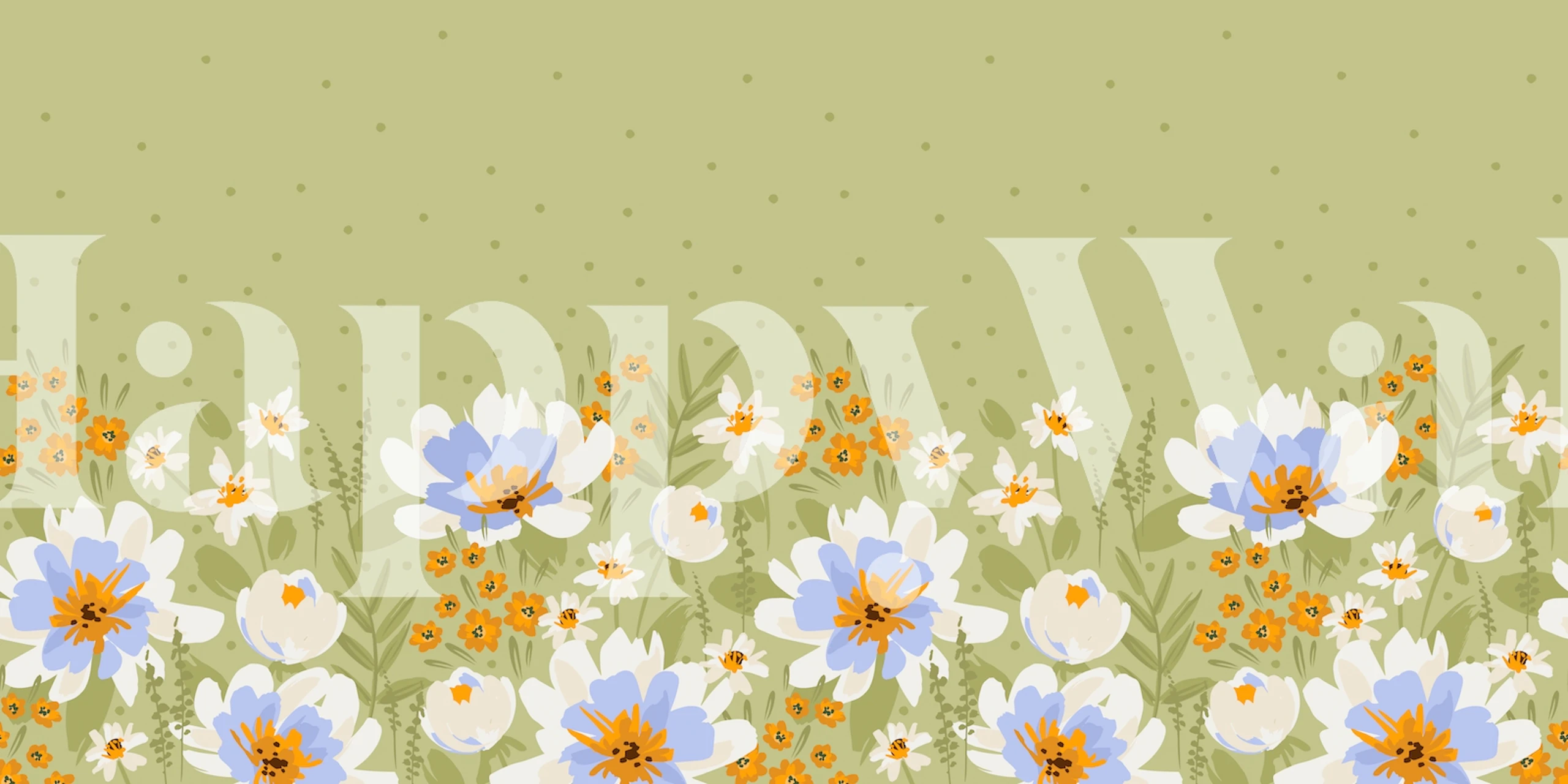 Sommer blomsterhave vægmaleri med hvide og okker vilde blomster på salvie grøn baggrund