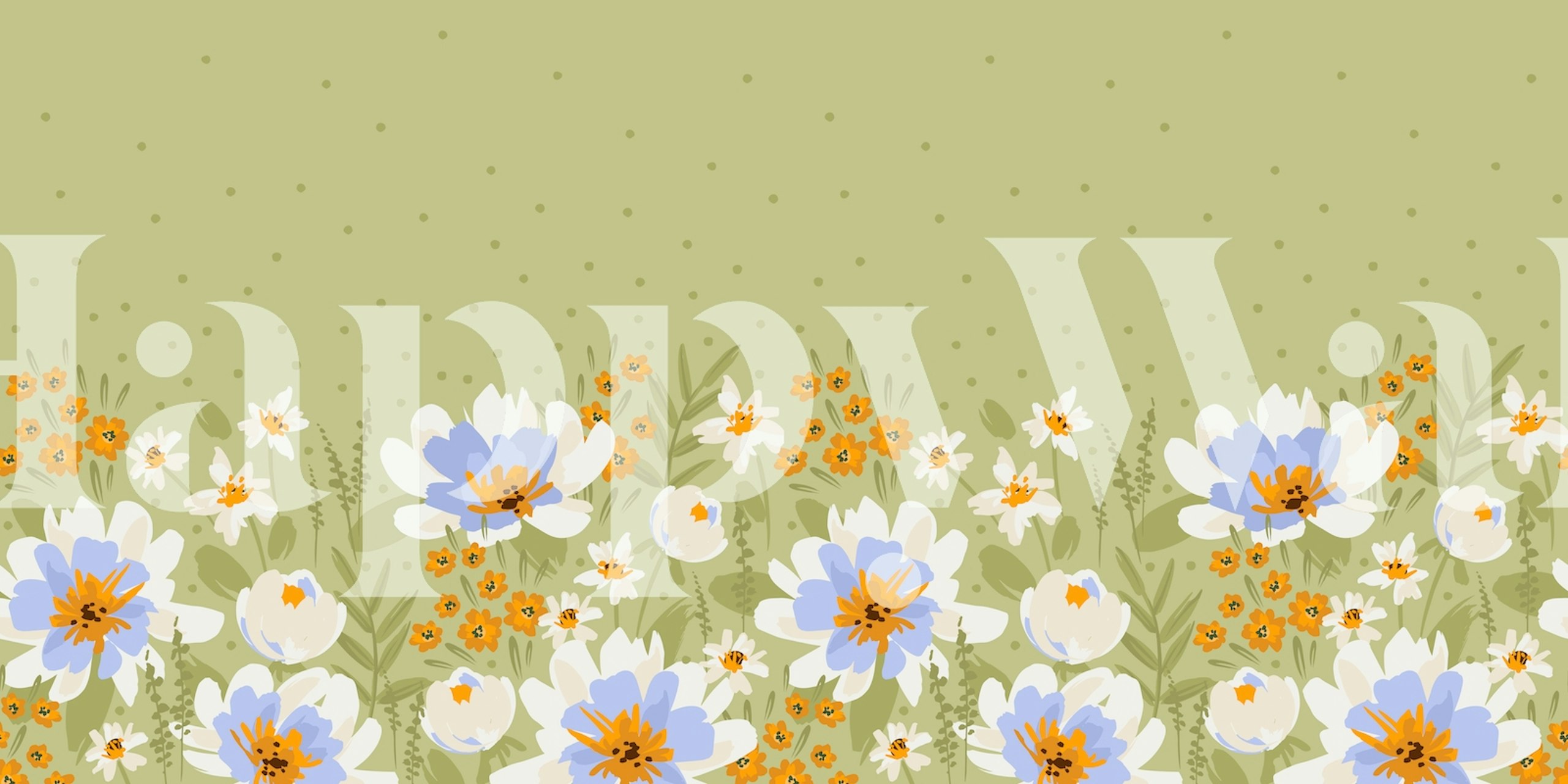 Summer floral garden mural με λευκά και ώχρα άγρια λουλούδια σε φόντο πράσινης φασκομηλιάς