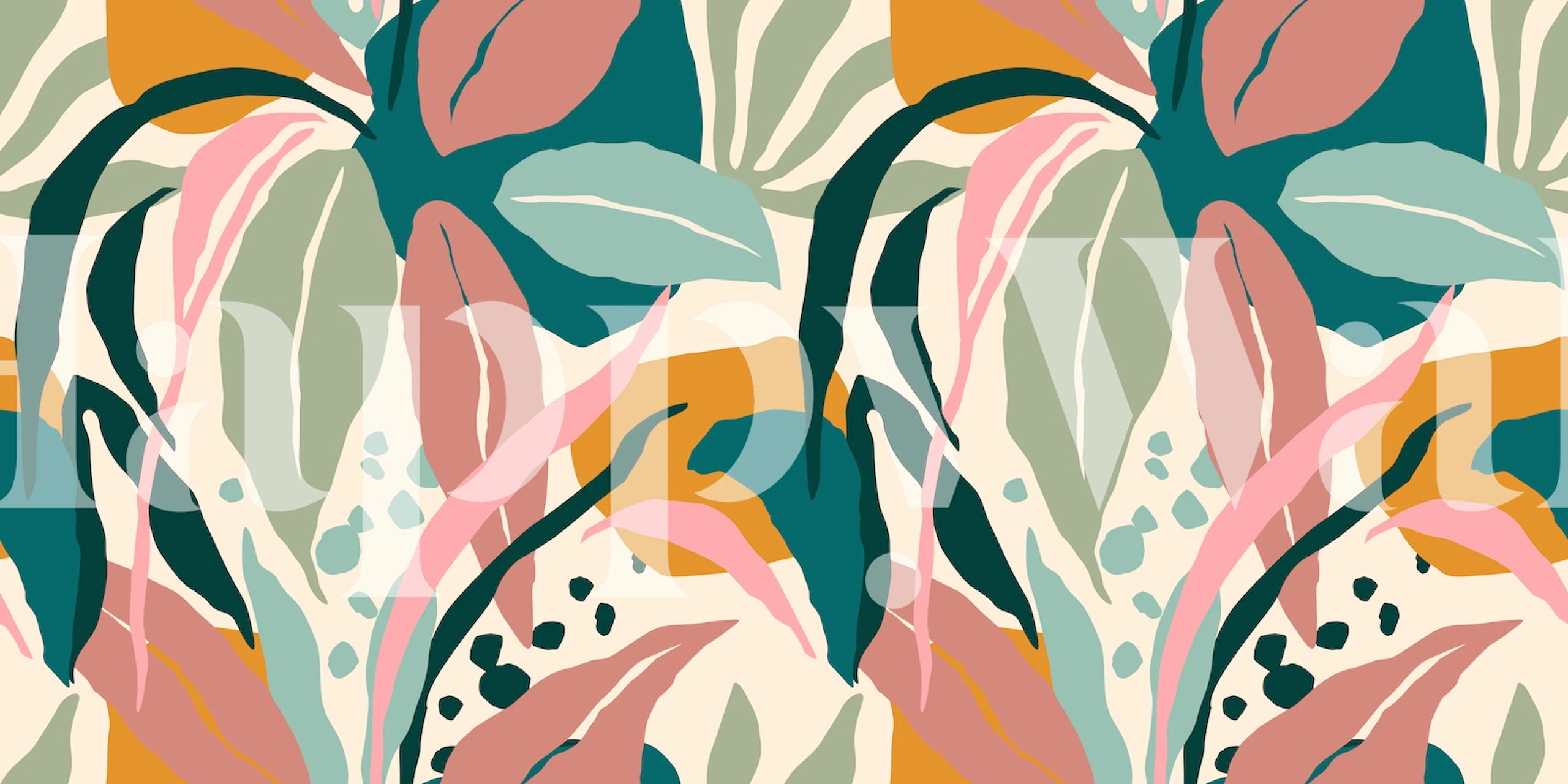Tropical leaves in pink, green, and orange patterns wallpaper