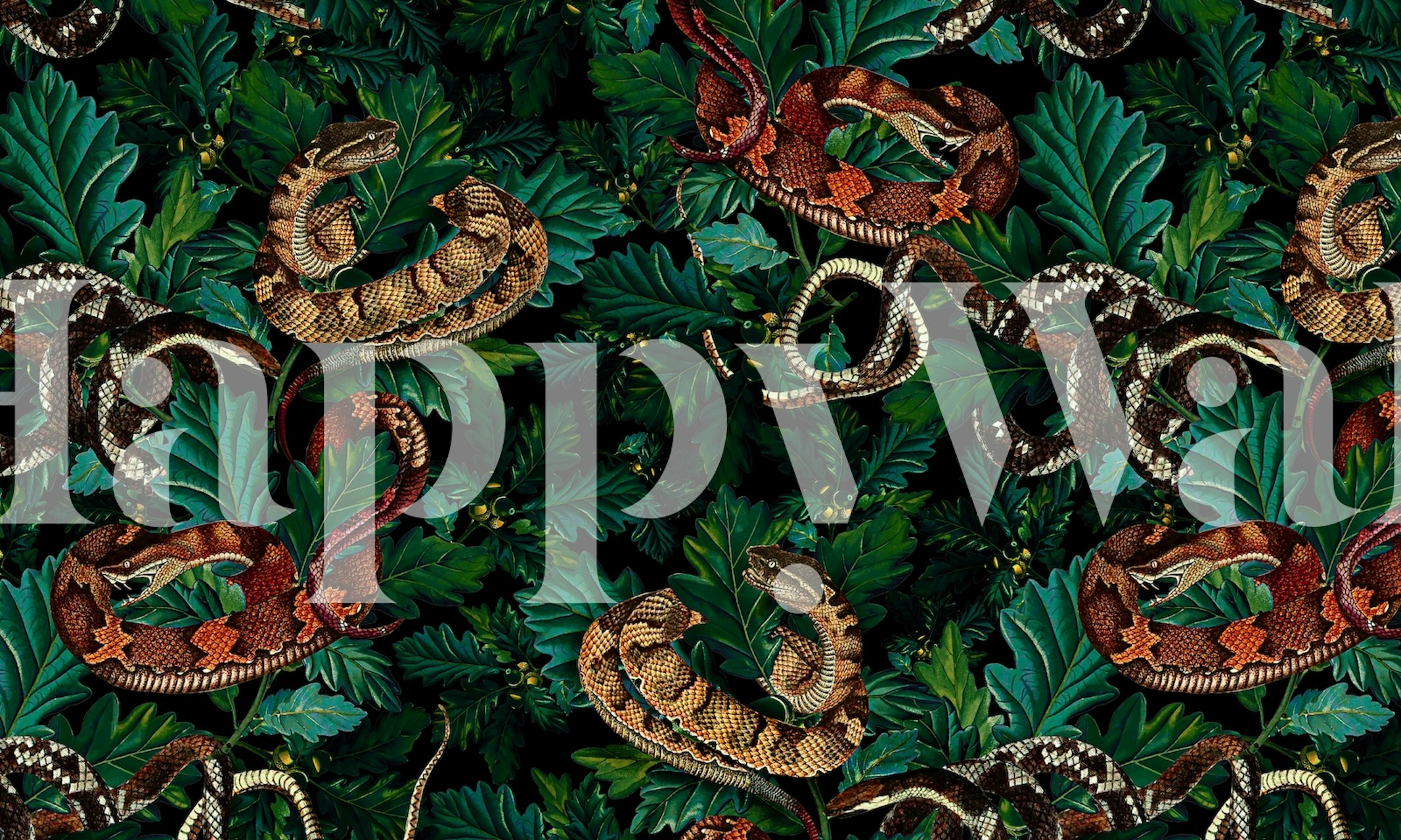 Mural de parede com tema florestal com cobras e vegetação exuberante