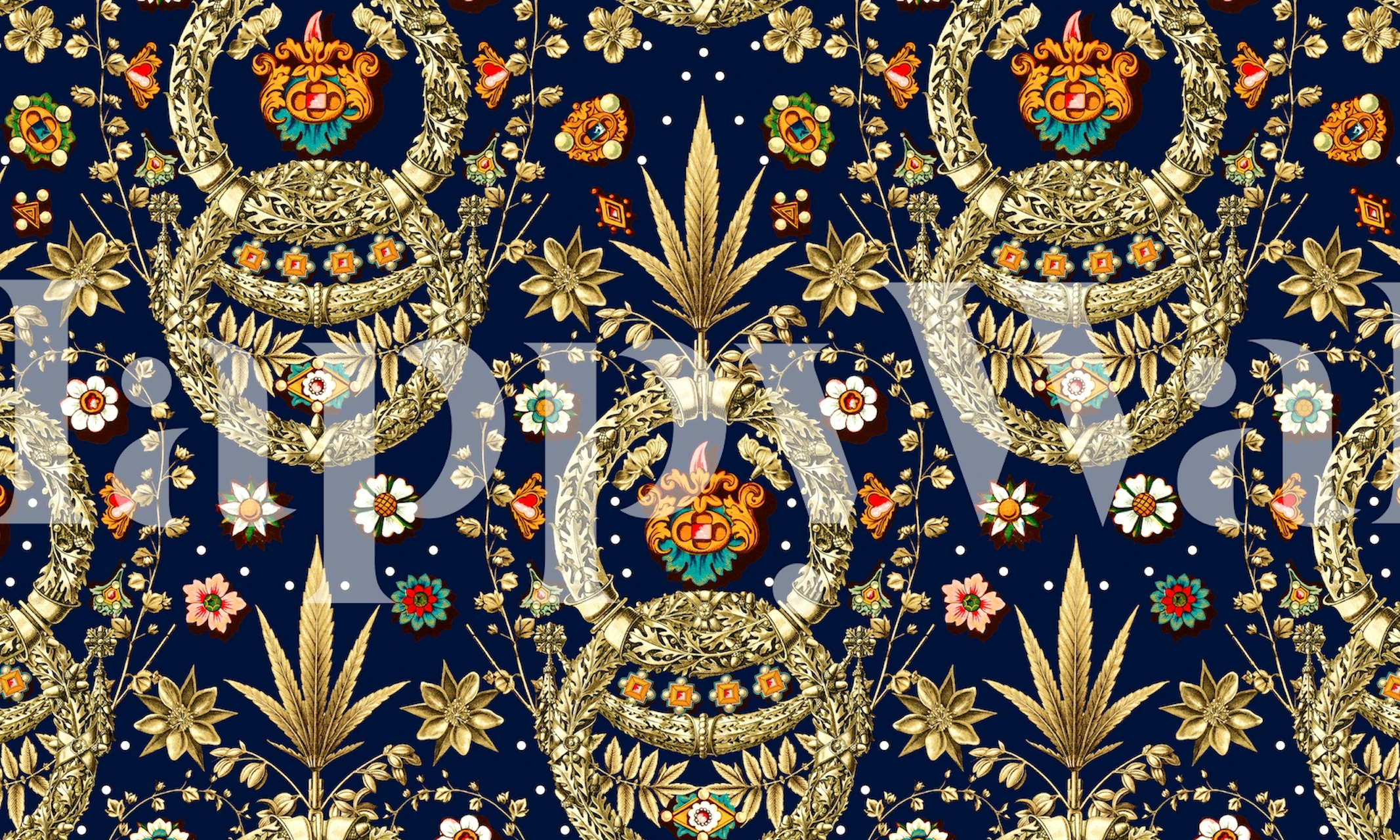 Gold and floral motifs on navy background Art Nouveau wallpaper