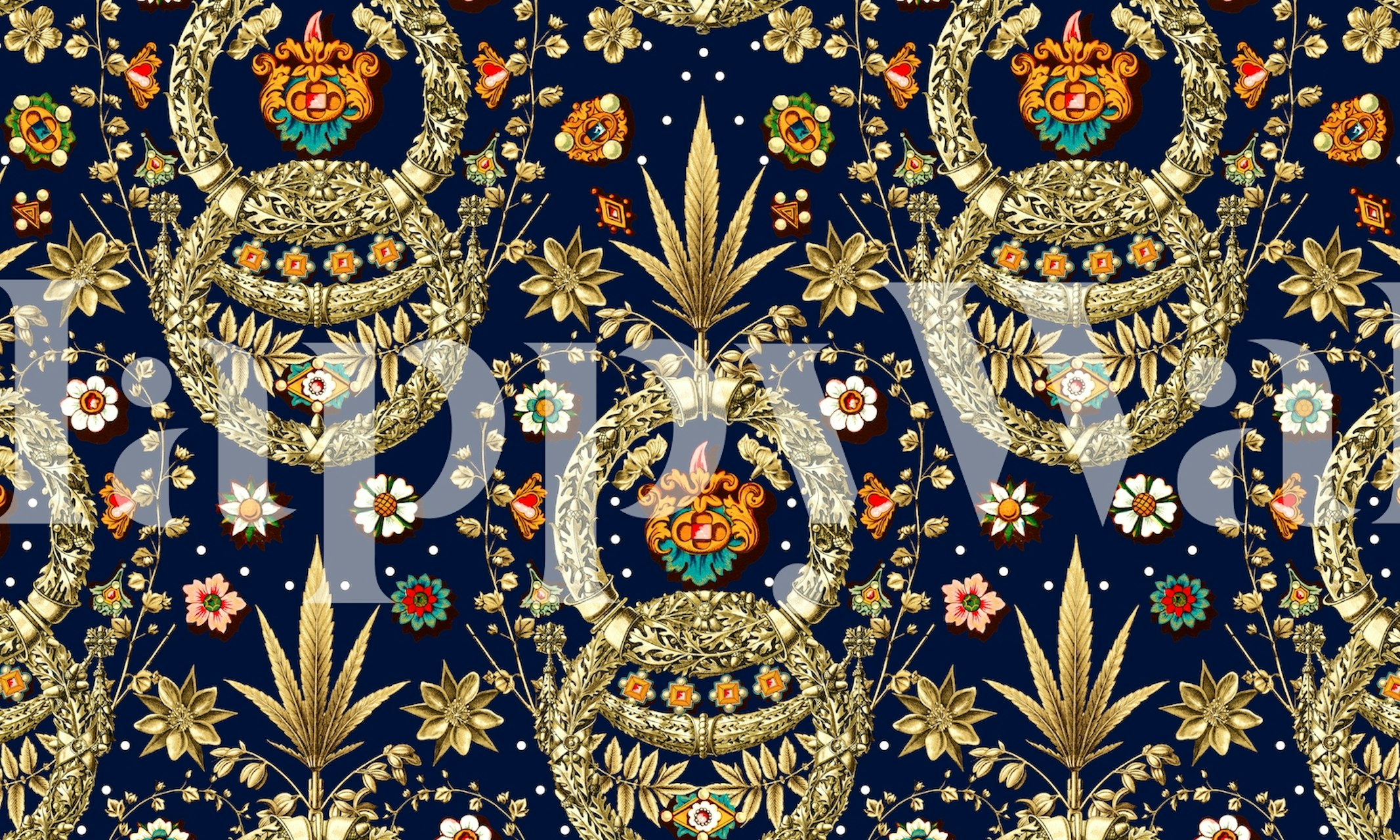 Jugendtyylinen kukkakuvioinen seinämaalaus tummansinisellä taustalla eloisilla kasvitieteellisillä aiheilla ja kultaisilla yksityiskohdilla.