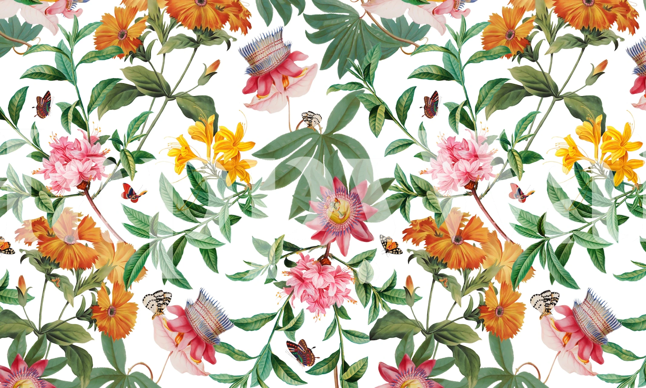 Carta da parati floreale con foglie verdi e fiori colorati