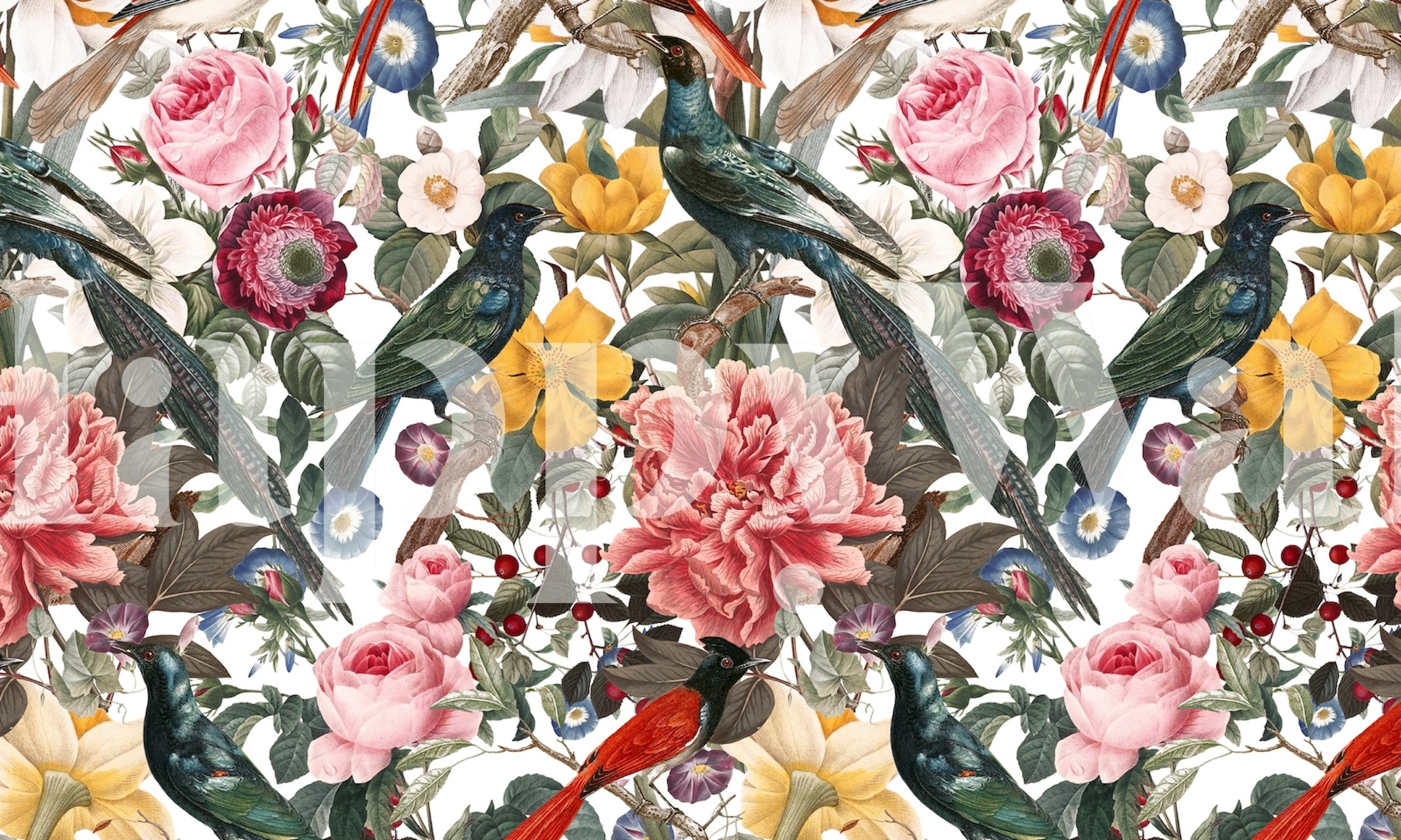 Floral and Birds Wall Mural with lush peonies and playful birds on a muted background