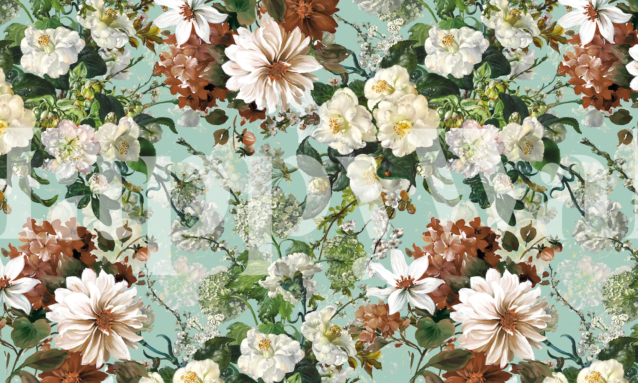 Floral wallpaper with white, pink, and brown flowers on a green background