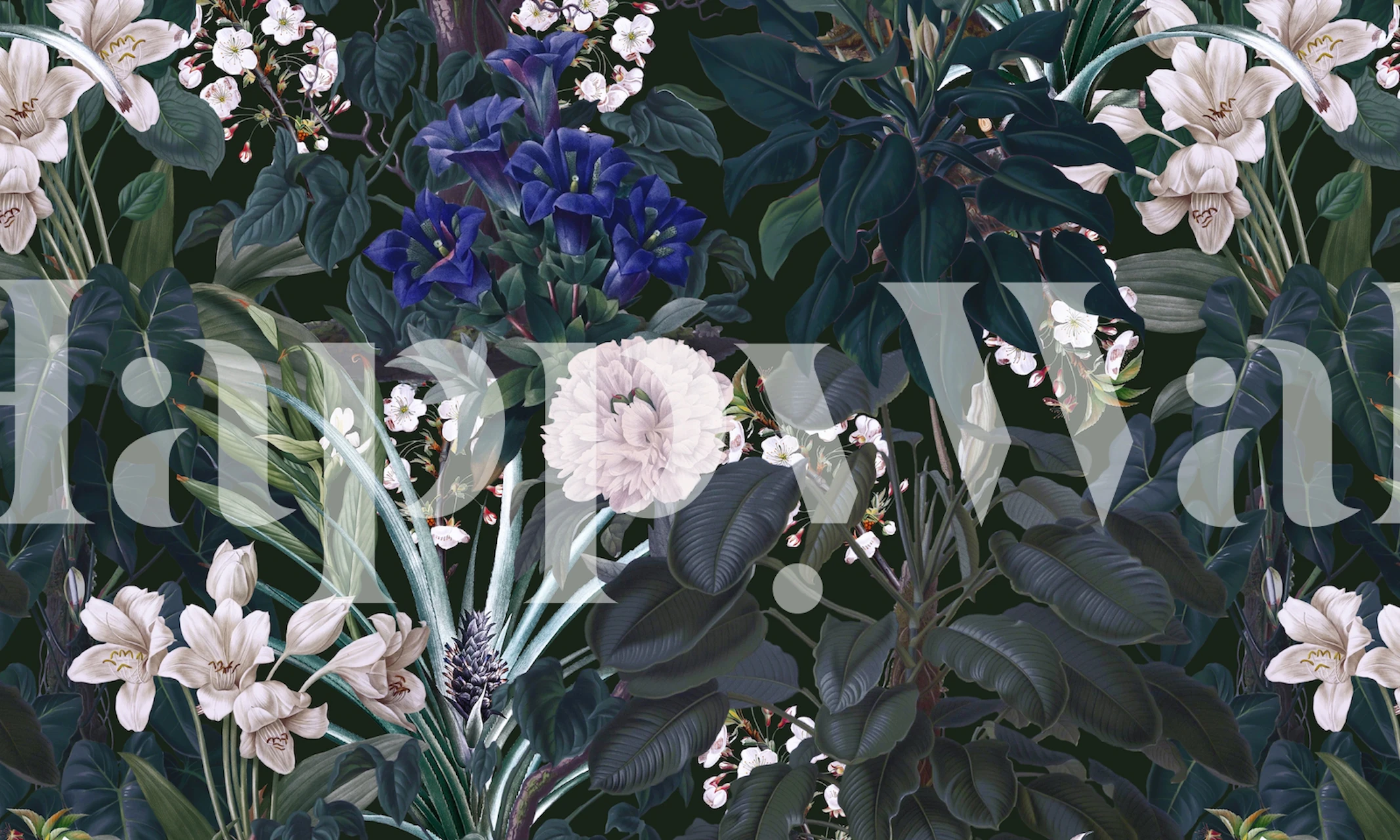 Lush floral patterns with dark green leaves and white flowers wallpaper