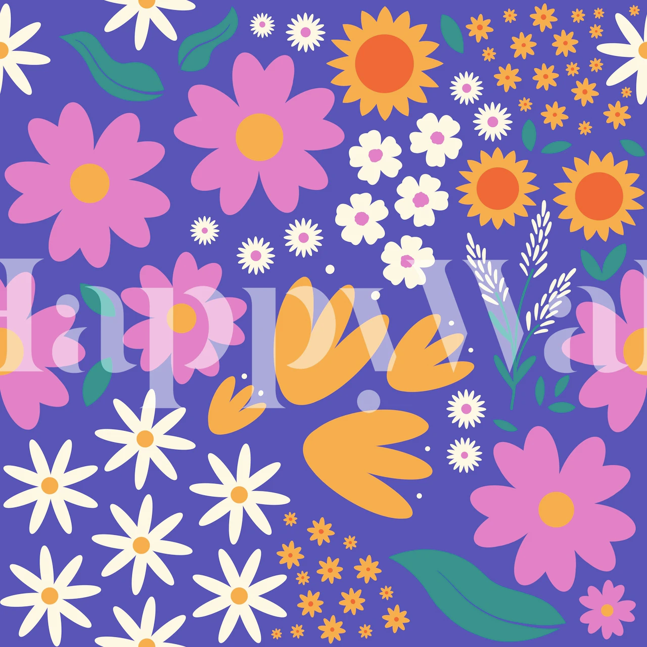Colorful floral design with pink and yellow flowers on purple wallpaper