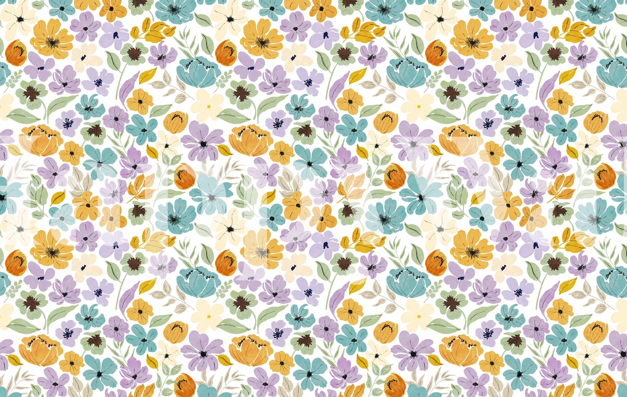 Decorative wall mural with a floral pattern of yellow and purple flowers interspersed with green foliage