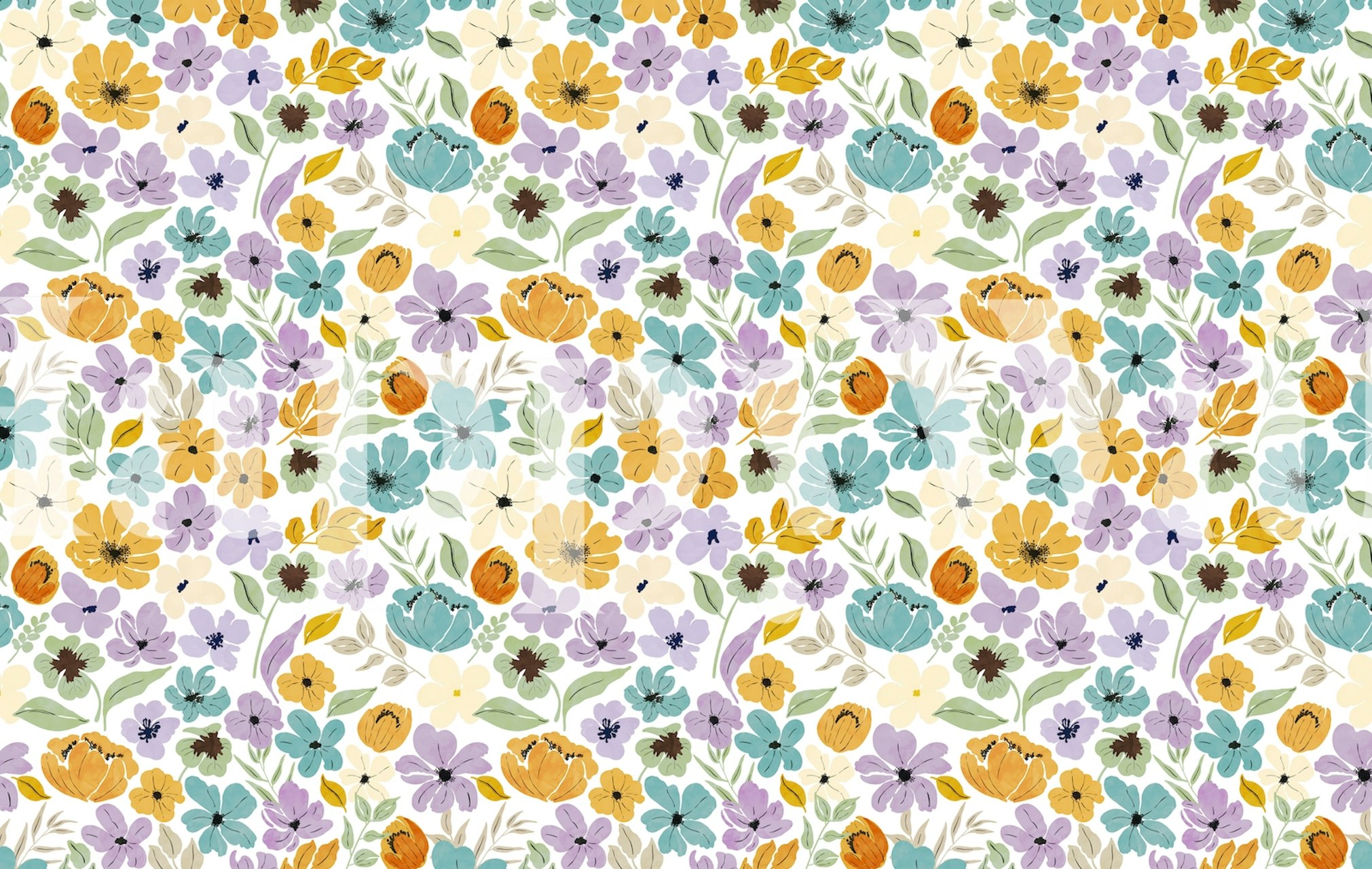 Mural de parede decorativo com um padrão floral de flores amarelas e roxas intercaladas com folhagem verde