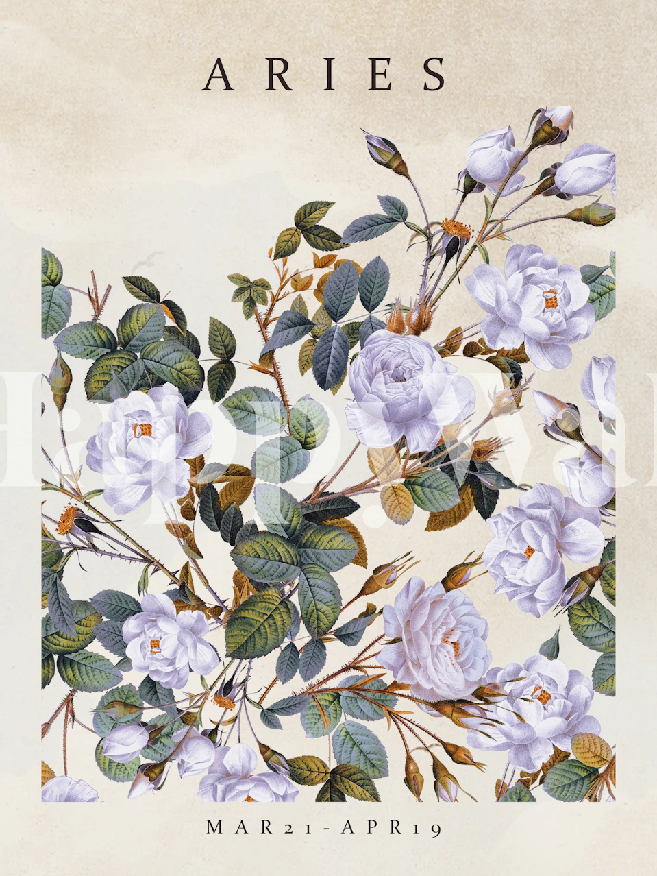 Floral design with lavender roses and green leaves on cream wallpaper