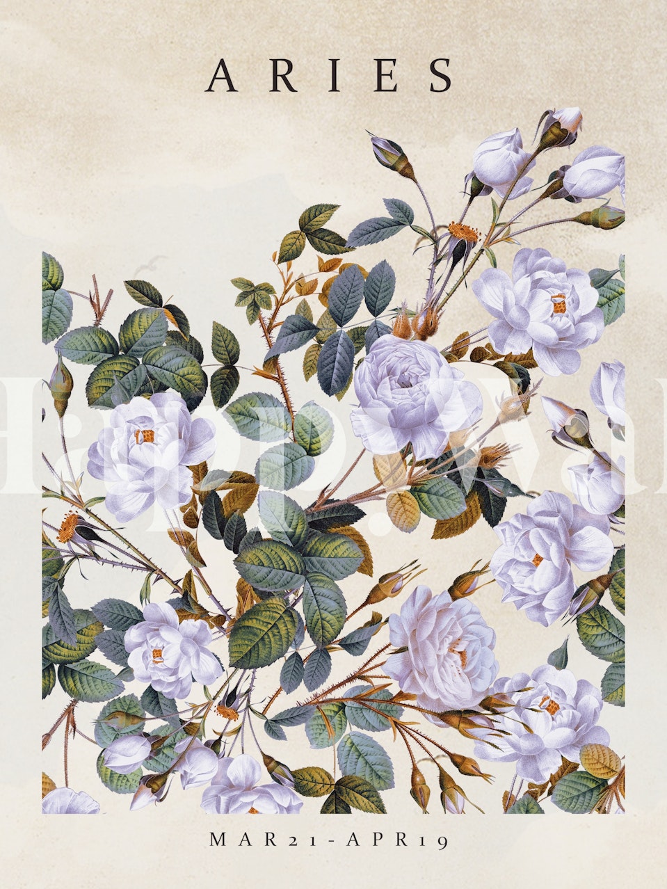 Floral design with lavender roses and green leaves on cream wallpaper