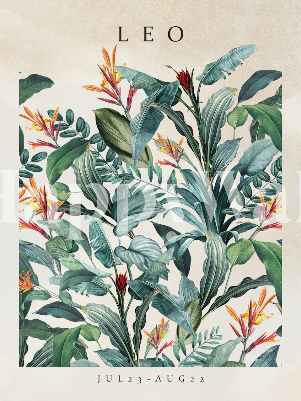 Carta da parati botanica Oroscopo Leone con foglie tropicali e simbolo dell'astrologia