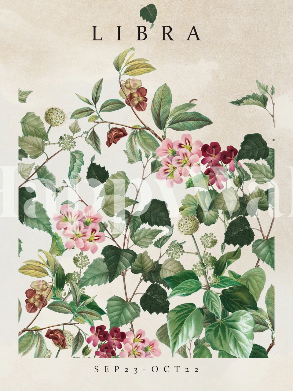 Floral wallpaper featuring pink flowers and green leaves on a cream background