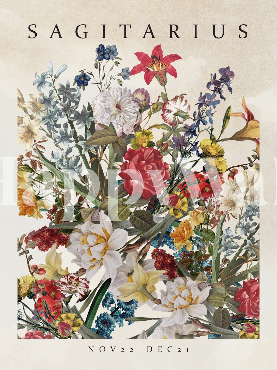 Sagittarius zodiac floral wall mural with vintage background