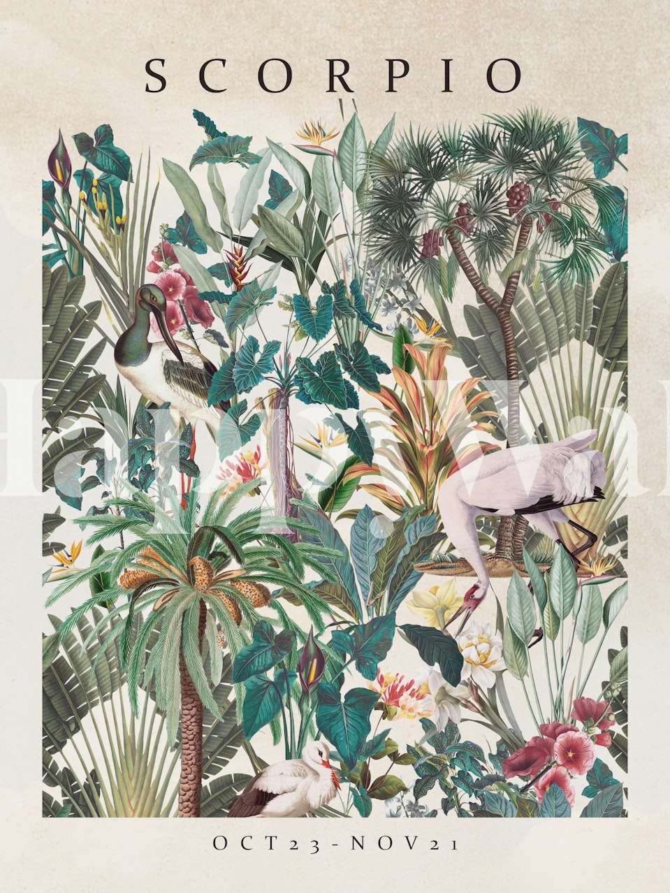 Tropical floral and greenery wallpaper featuring pink, green, and beige colors.