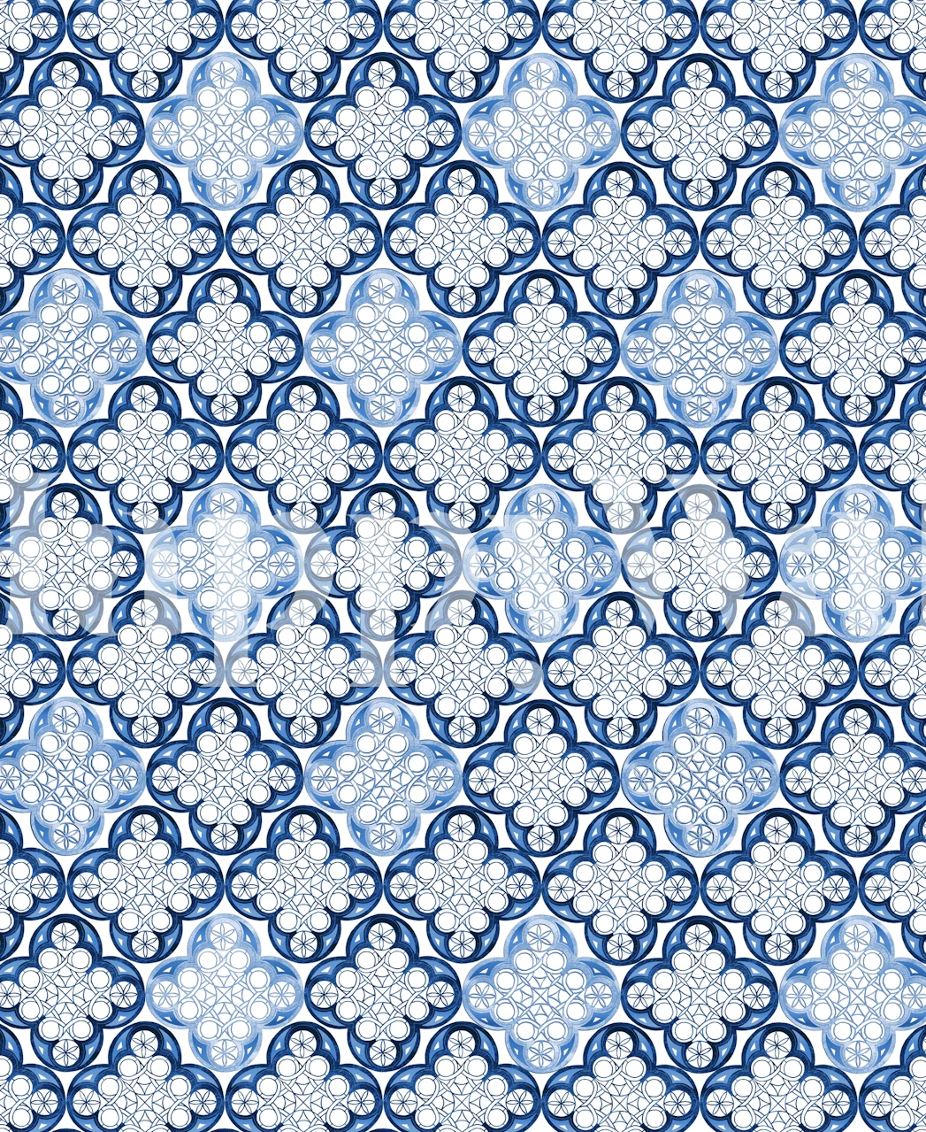 Indigo blå marokkansk flisevægmaleri med geometriske og blomstermotiver