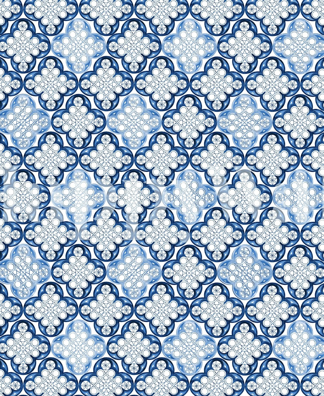 Fotomural de azulejos marroquíes azul índigo con motivos geométricos y florales