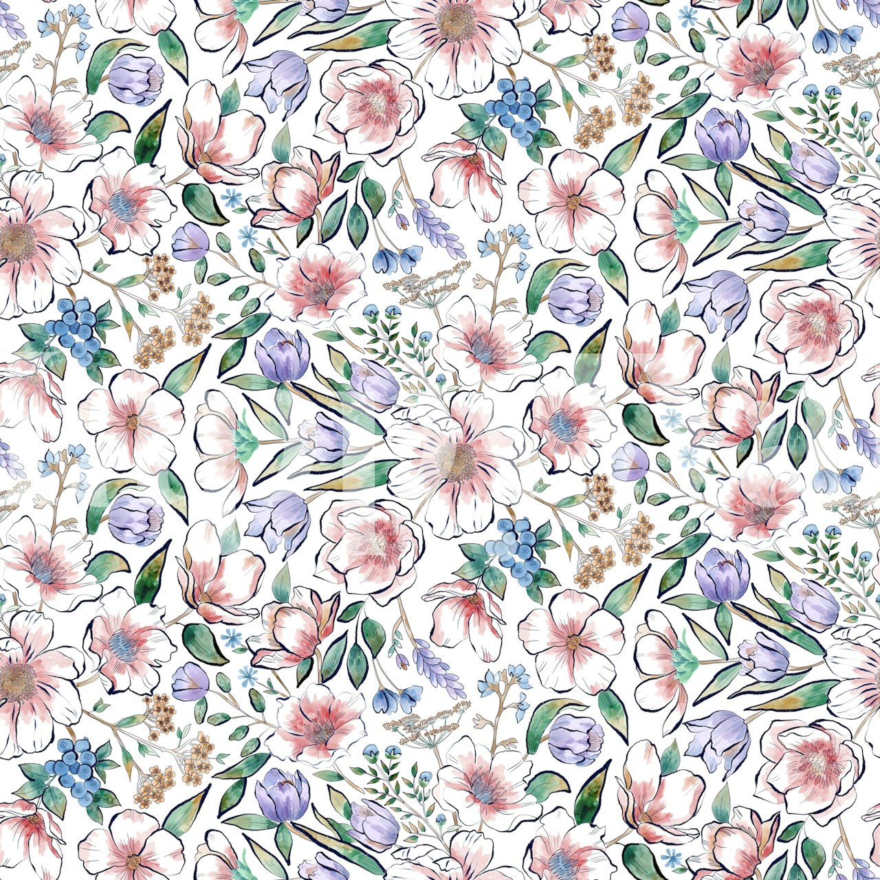 Hand-painted watercolor flowers wall mural with soft pastel colors