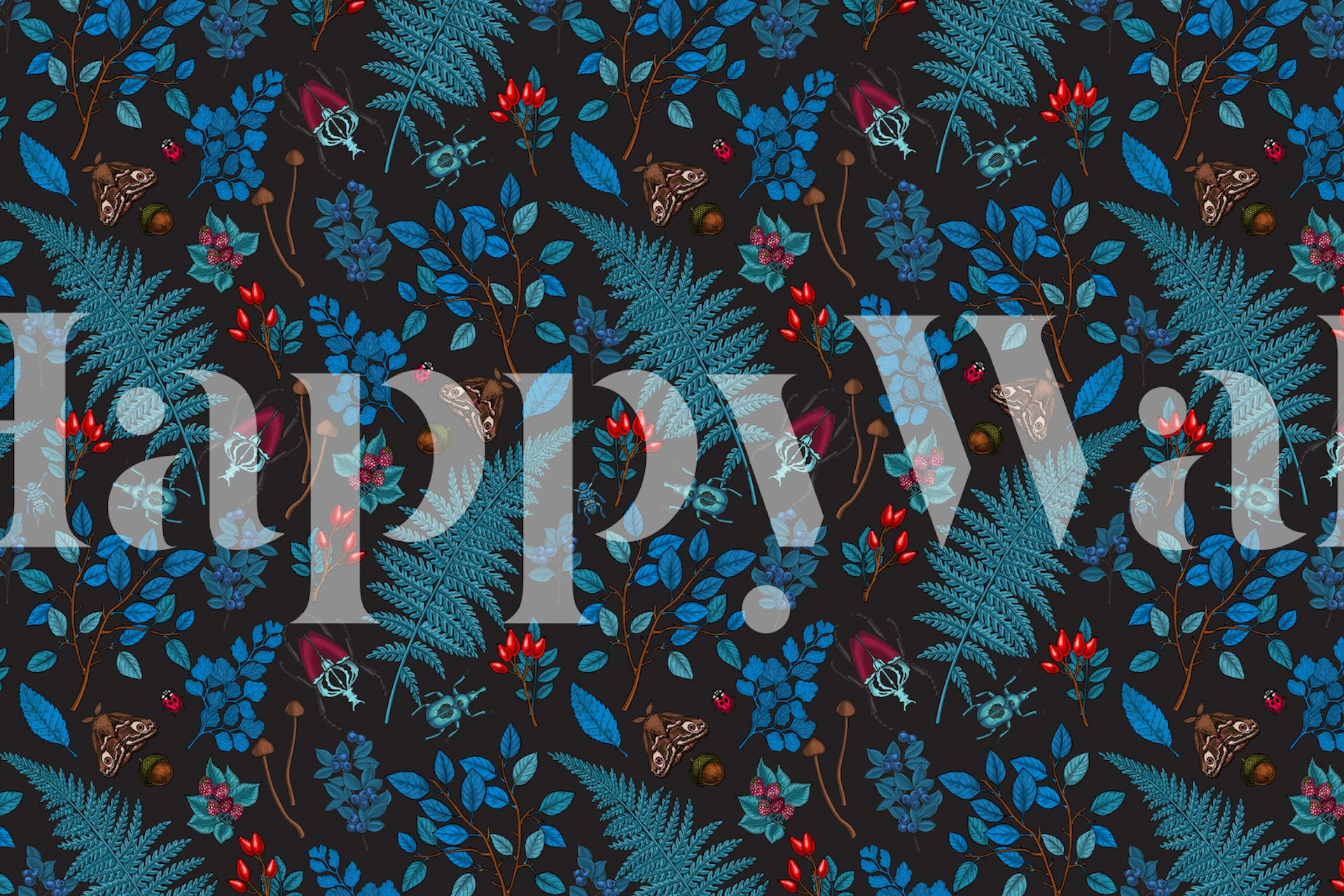 Colorful berries and leaves with bugs on a dark background wallpaper