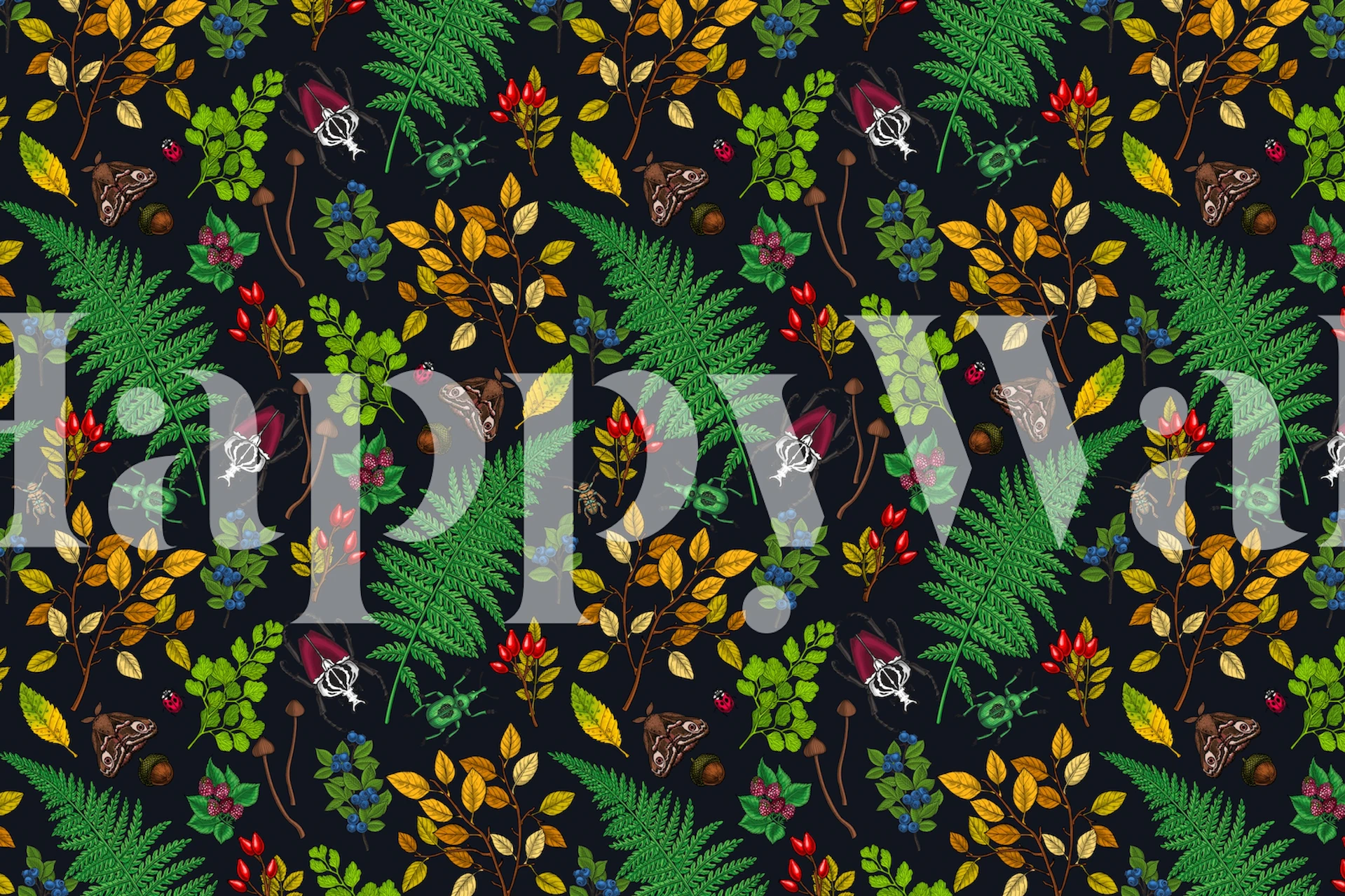 Forest berries and leaves wallpaper in a room