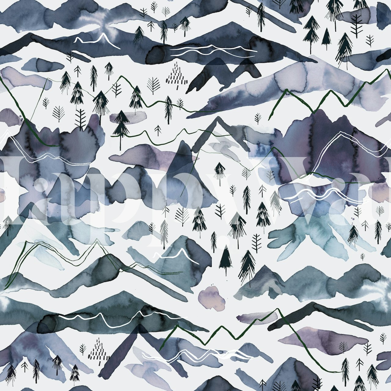 Artistic watercolor mural of blue and gray mountains