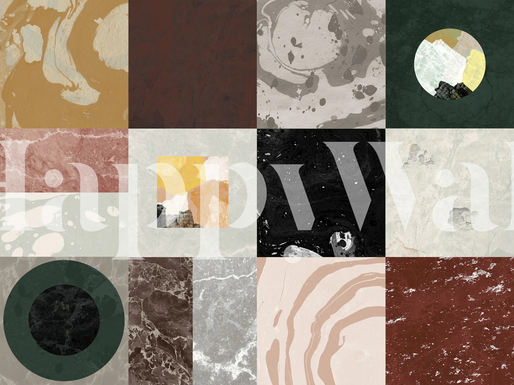 Geometric marble effect wallpaper in earthy tones, black, and white.