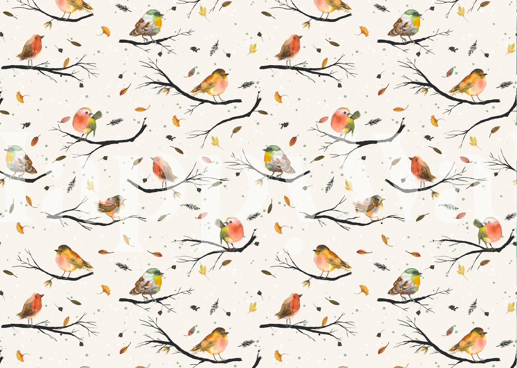 Colorful birds perched on branches with falling leaves wallpaper